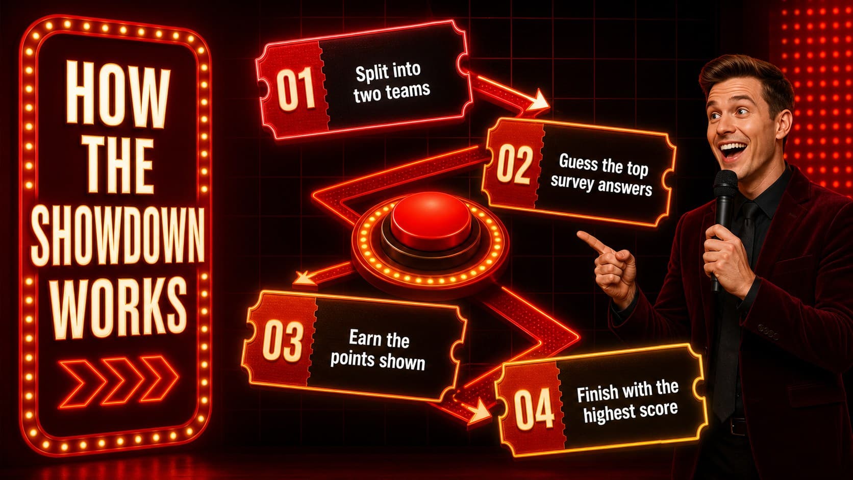 Neon school survey showdown instructions explaining teams, answers, points, and winning.