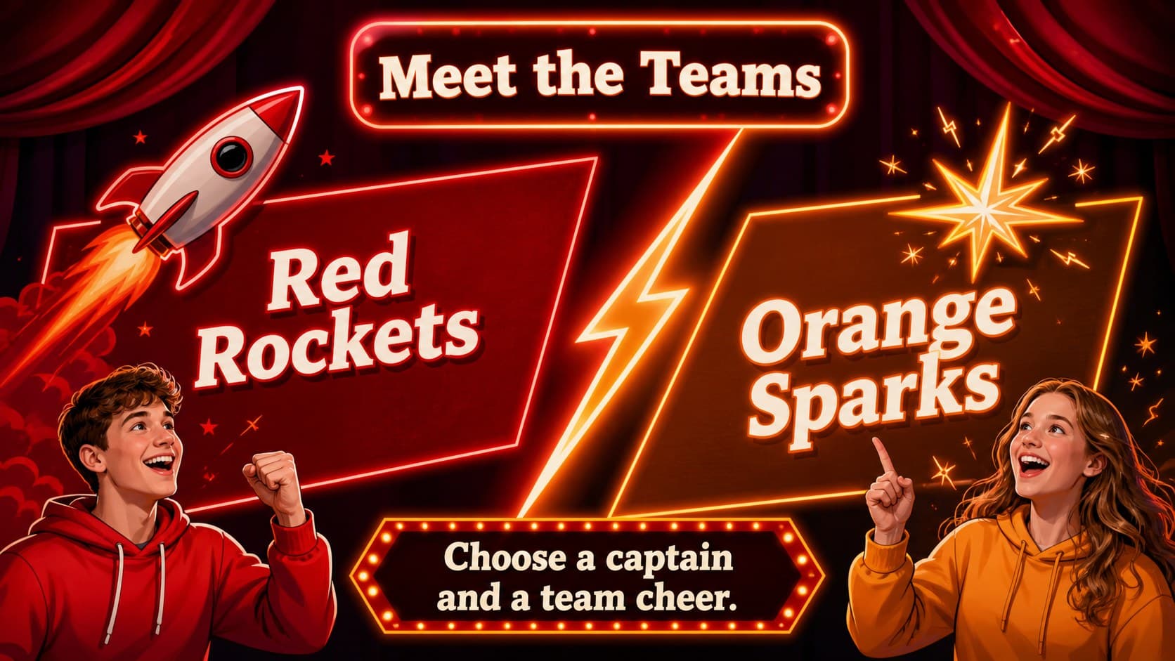 Editable school quiz presentation slide introducing the Red Rockets and Orange Sparks teams.