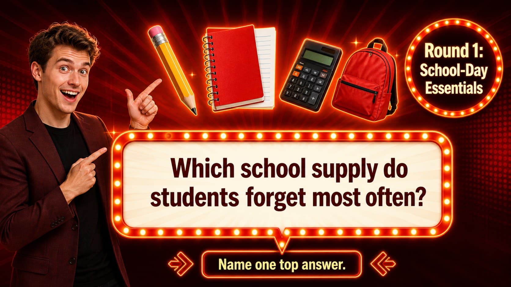 Classroom survey game slide asking which school supply students forget most often.