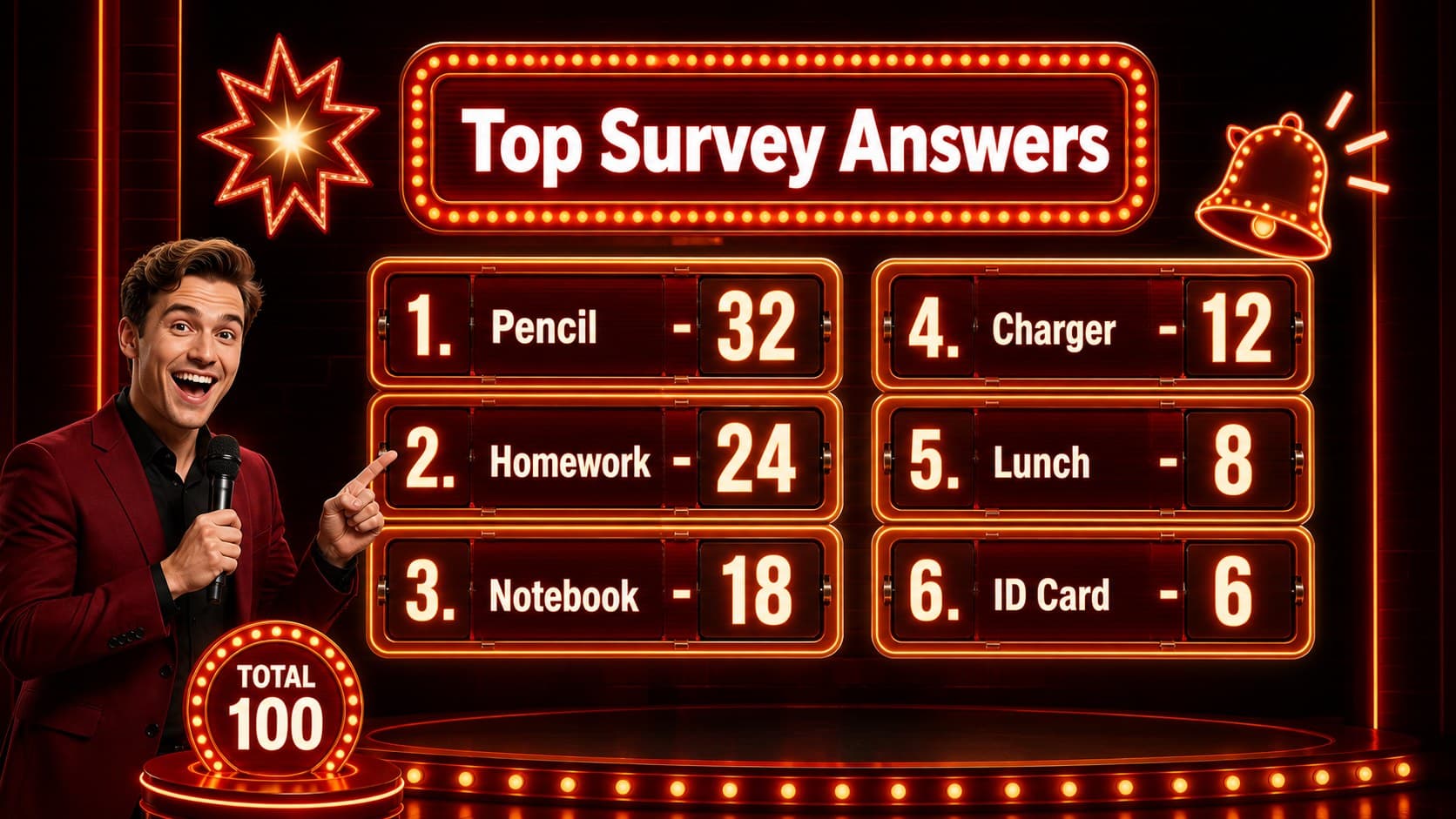 Retro neon survey game answer board showing six common forgotten school supplies.