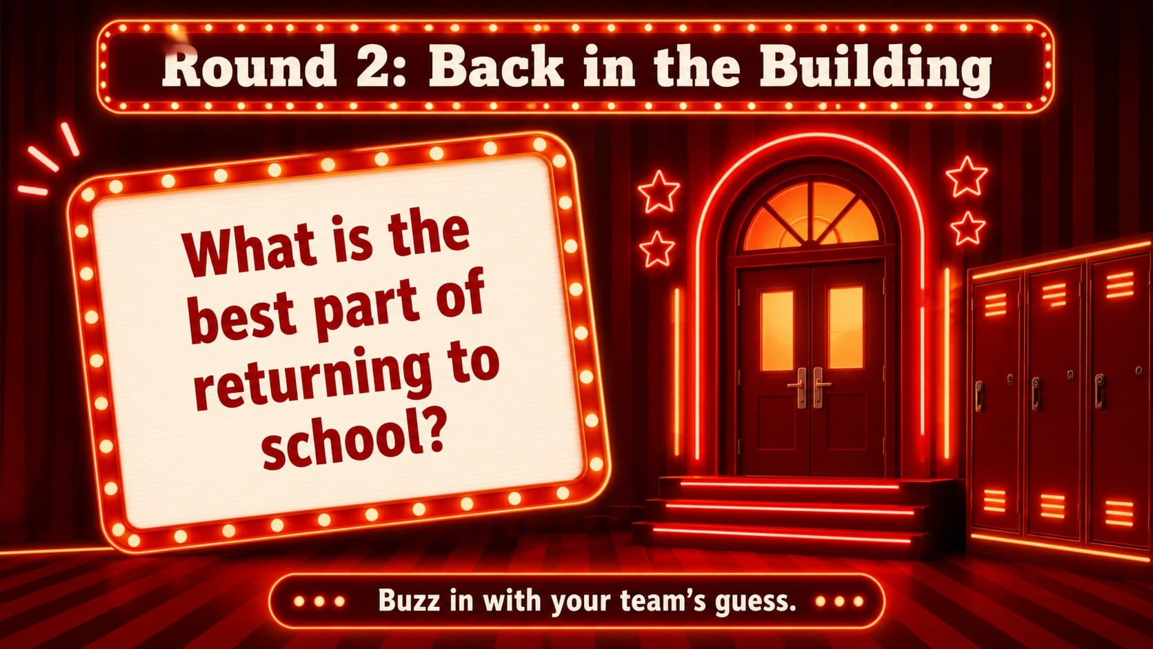 Neon classroom game show template asking about the best part of returning to school.