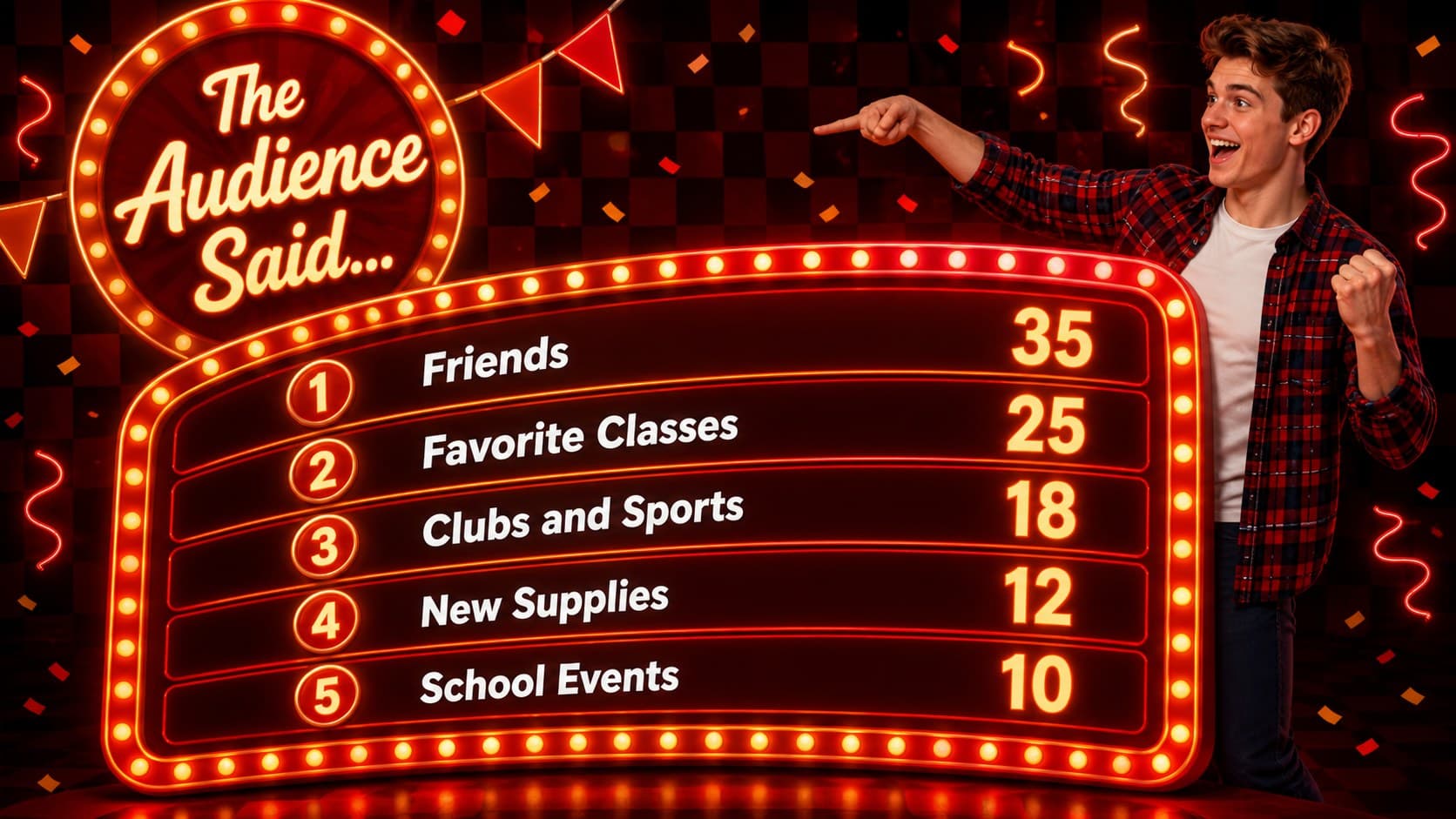 School icebreaker competition slide revealing favorite reasons for returning to class.