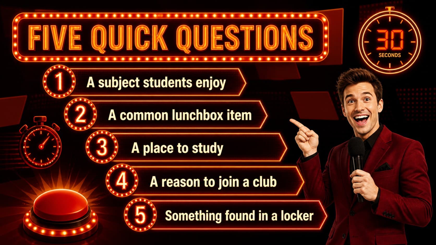 Lightning-round classroom survey game slide with five rapid school-life prompts.