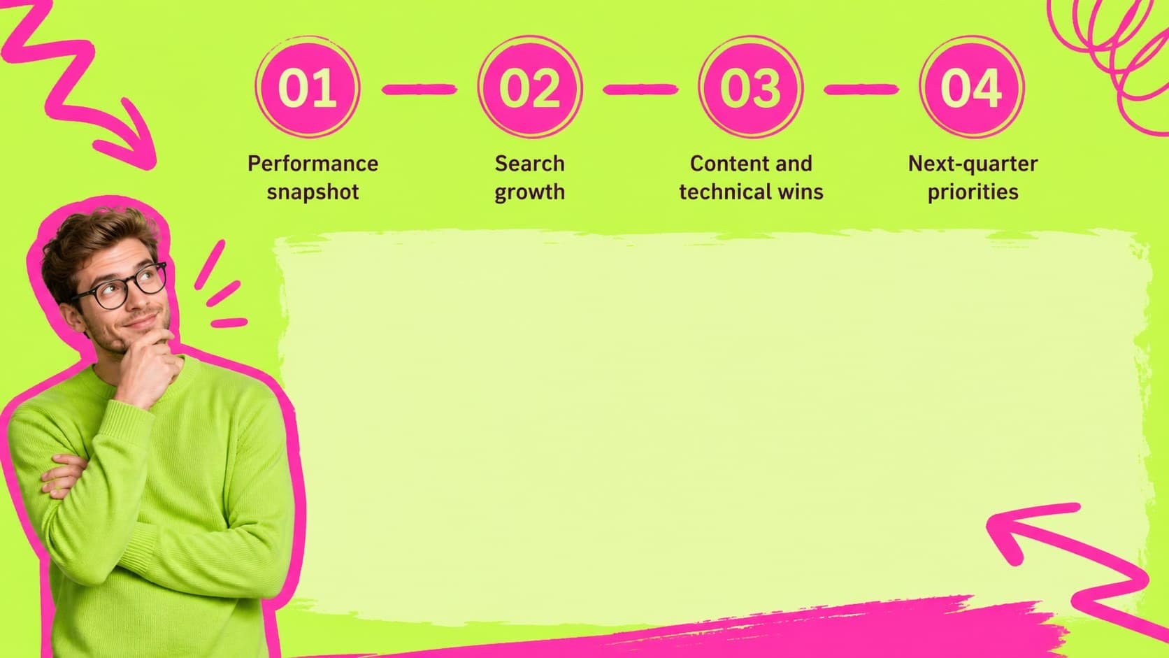Agenda slide outlining the sections of a neon SEO performance review presentation.