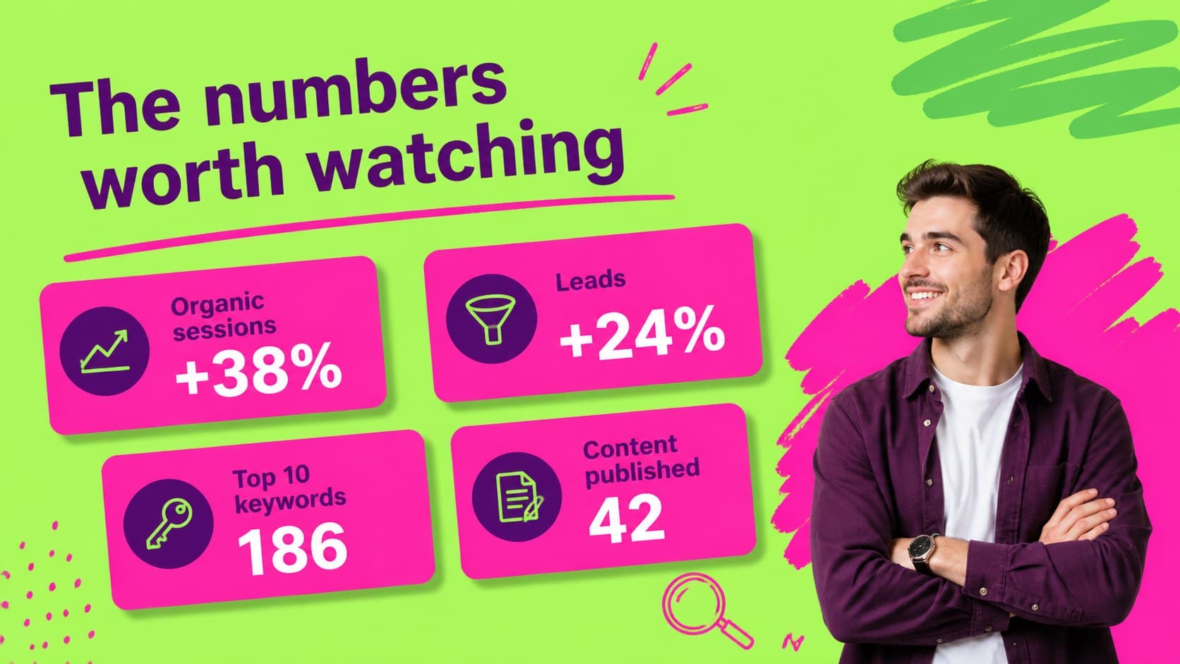 SEO KPI snapshot slide showing organic growth metrics in a bright neon layout.