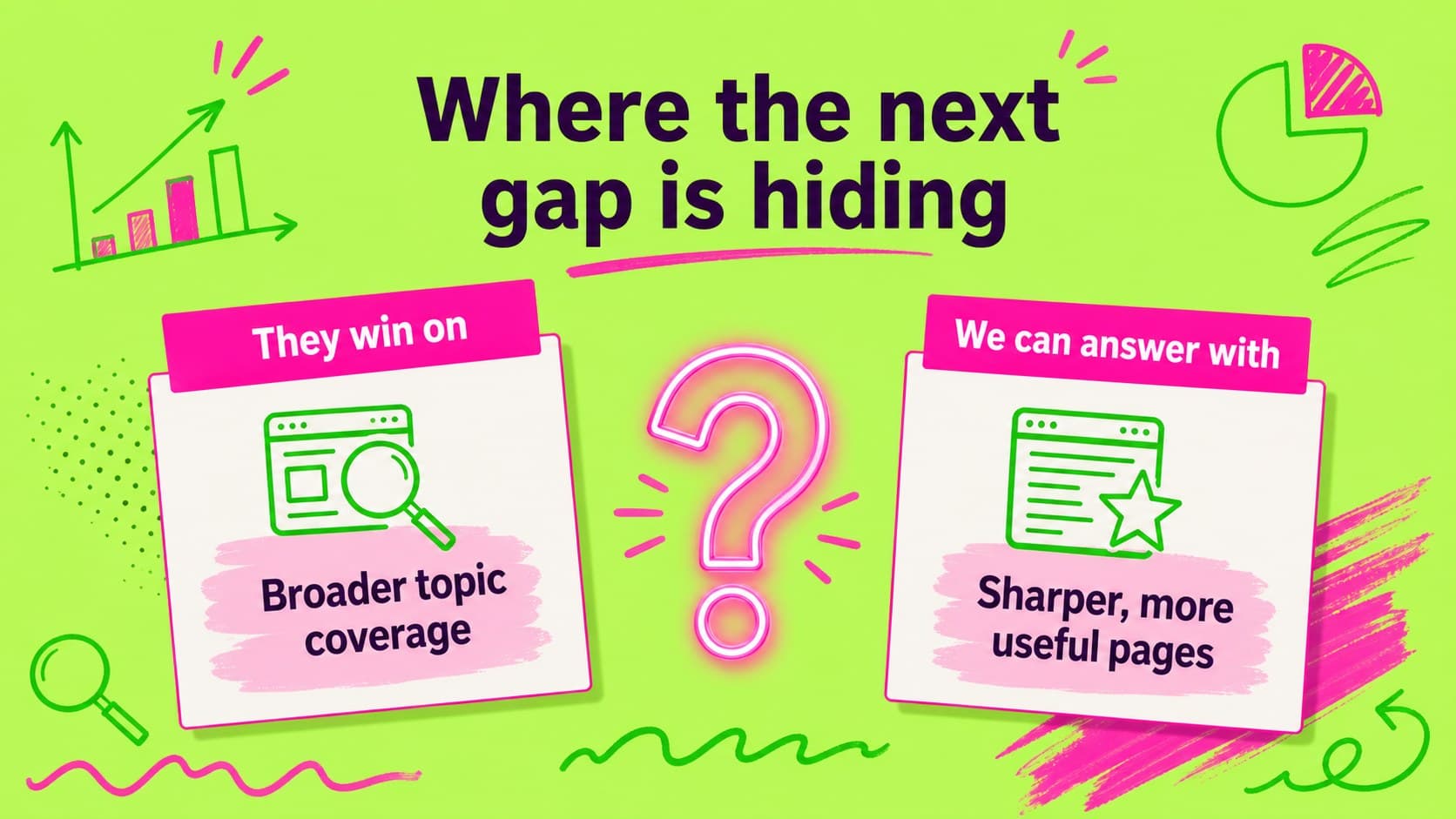 Competitor insight slide mapping search opportunities with neon comparison callouts.