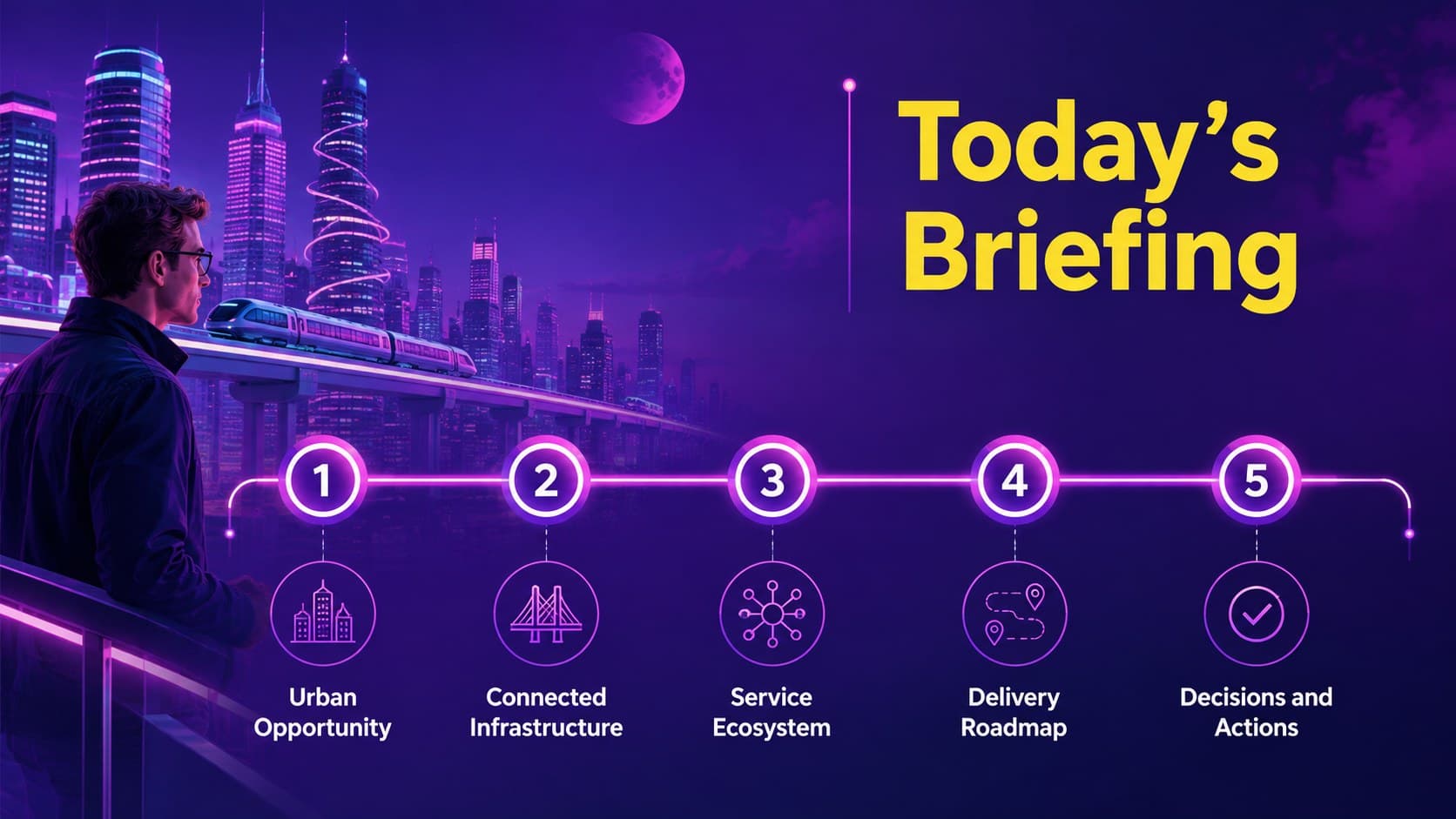 Neon agenda slide outlining five sections of an urban technology meeting.