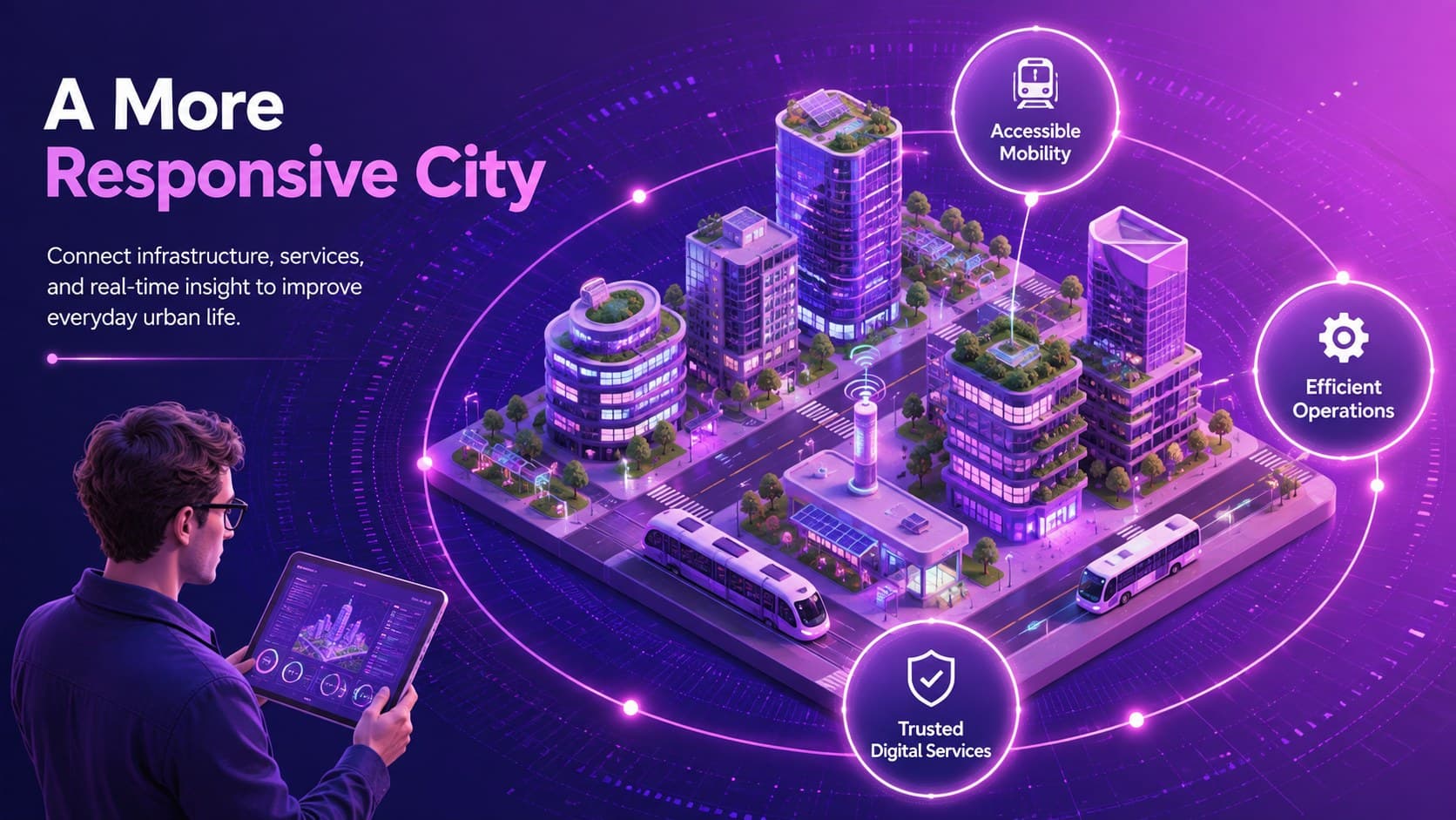 Smart city vision slide showing connected neighborhoods, cleaner mobility, and responsive public services.