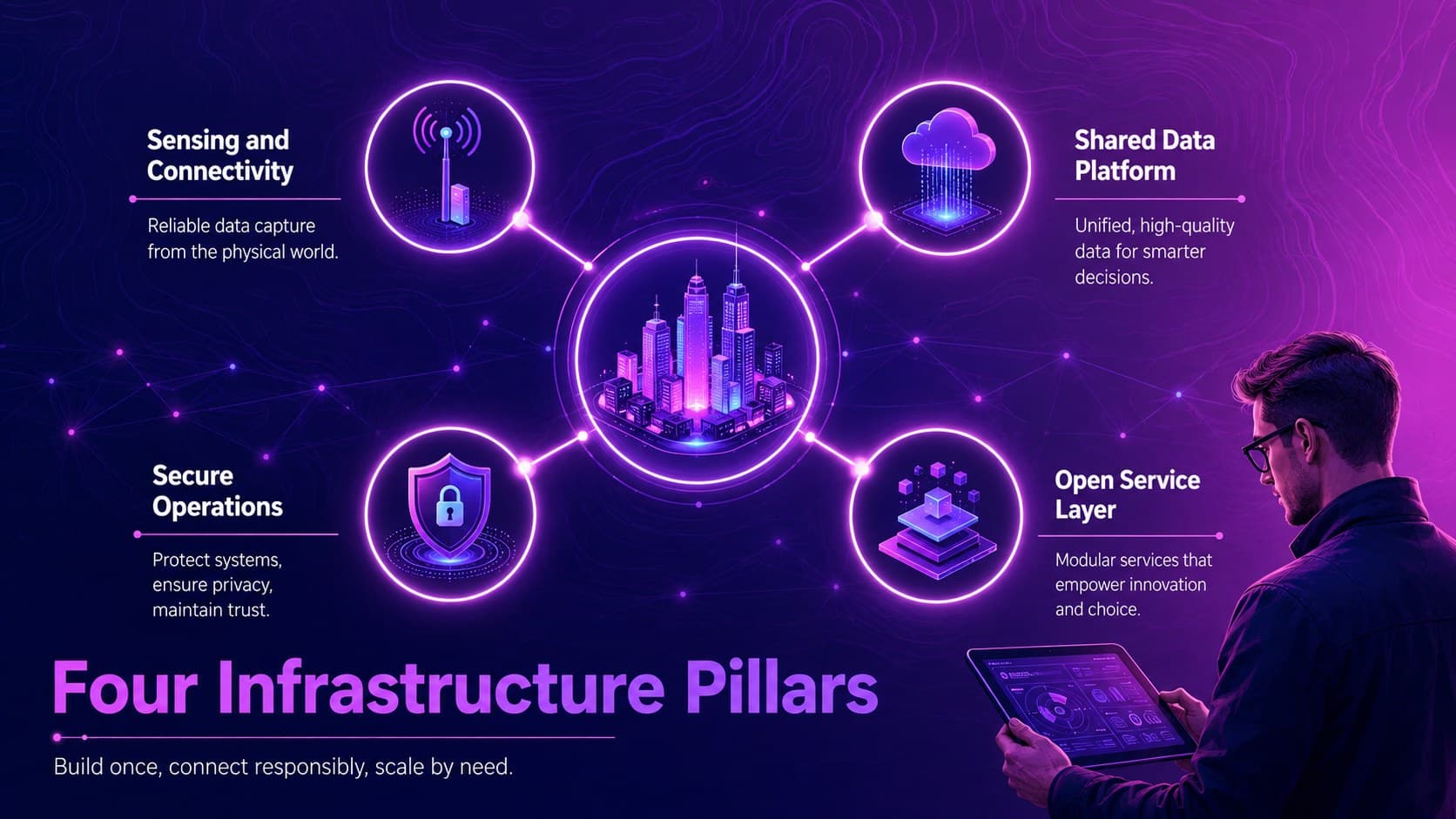 Digital infrastructure briefing slide displaying four pillars of a connected smart city.