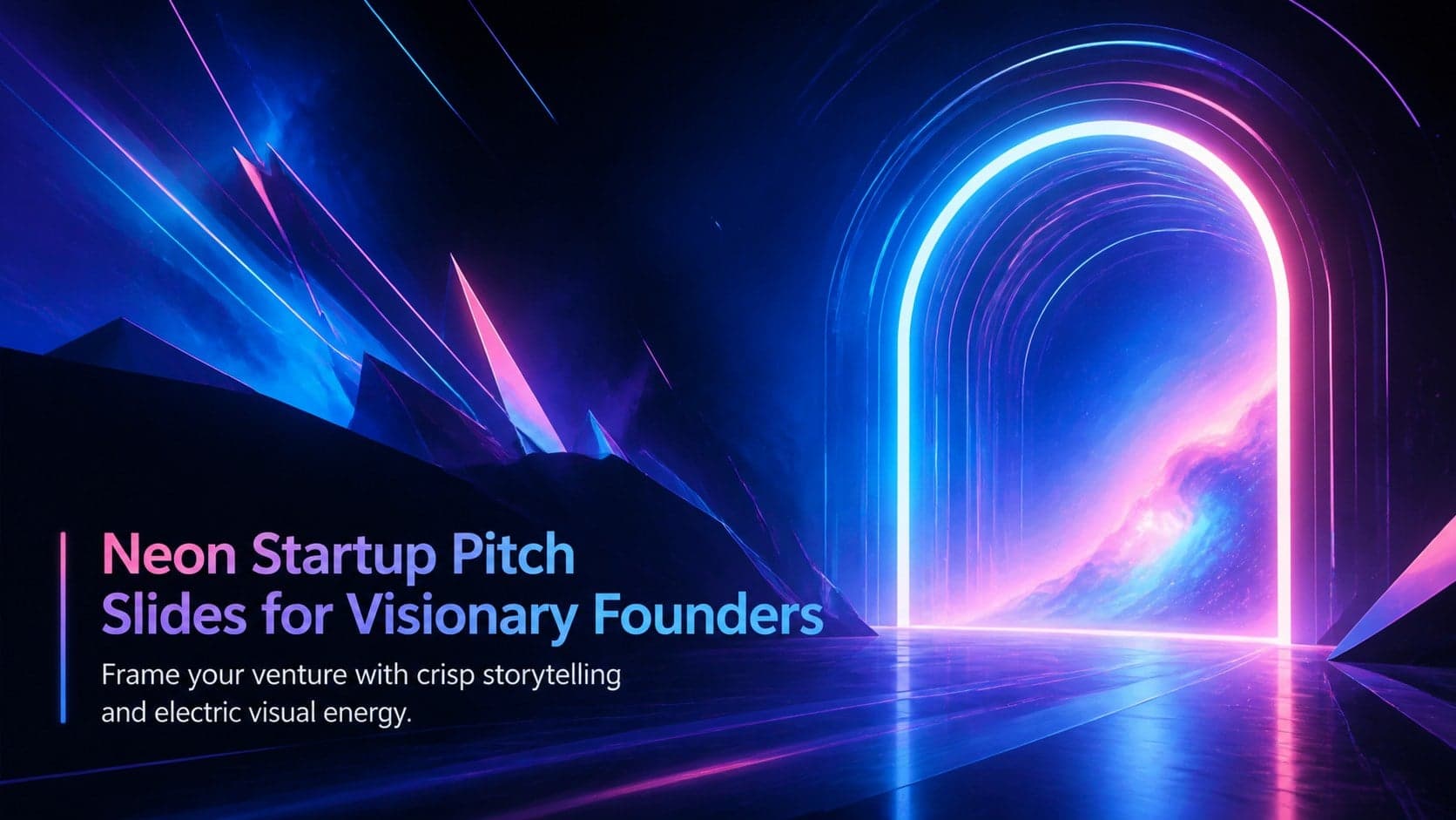Cover for Neon Startup Pitch Slides for Visionary Founders with electric blue and pink futuristic graphics.