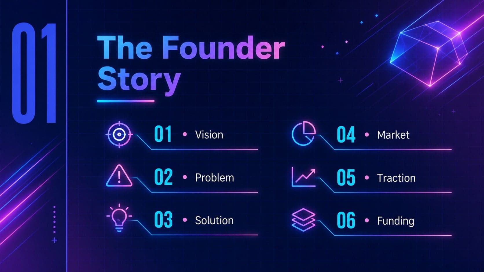 Neon startup pitch slides agenda showing the founder story and major investor presentation sections.