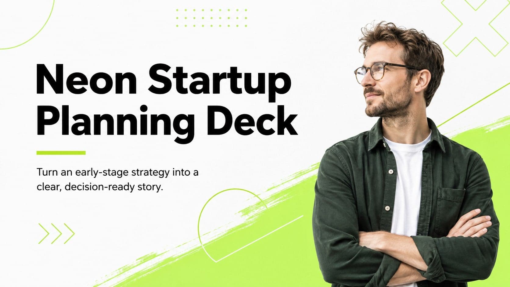 Cover of the Neon Startup Planning Deck with vivid green accents, modern typography and an organic white background.