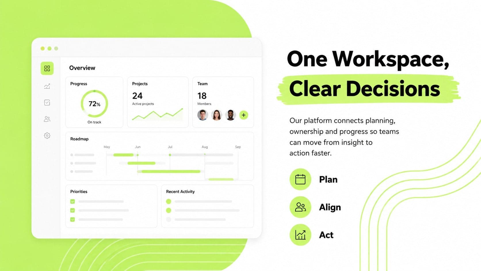 Modern startup solution slide explaining a unified workspace for faster and more confident decisions.