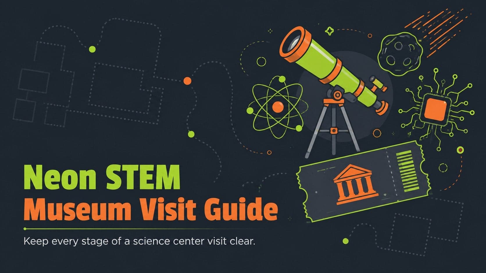 Cover of the Neon STEM Museum Visit Guide with bright laboratory illustrations on a dark gray background.