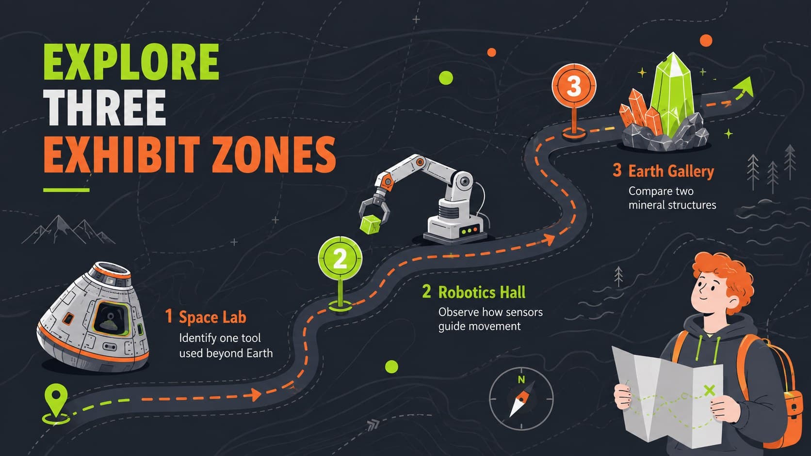 Science museum route overview slide with neon exhibit stops and learning prompts.