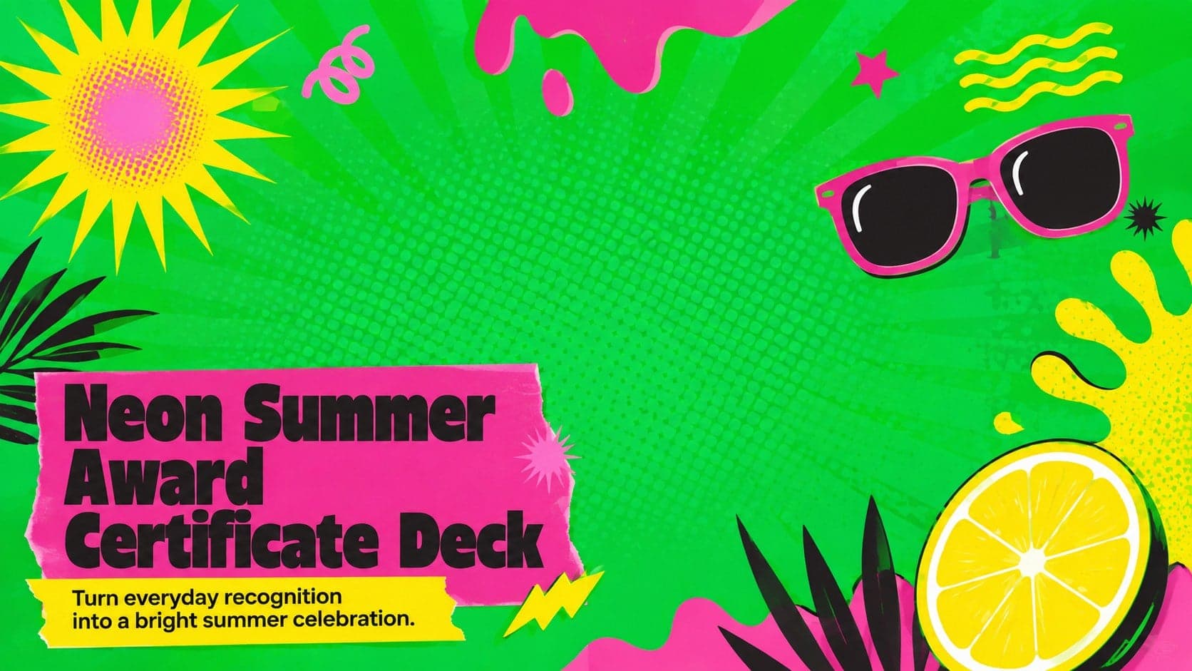 Cover for a neon summer award certificate deck with vivid green pop-art graphics and playful seasonal accents.