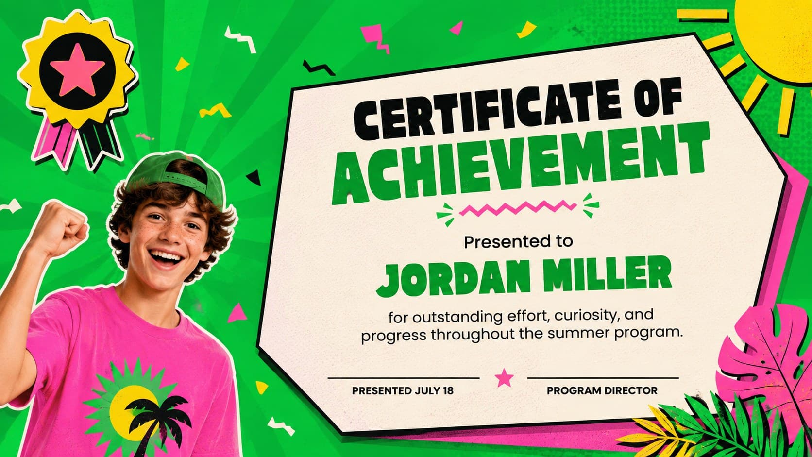 Colorful school achievement certificate slide with neon summer decorations and a prominent recipient name.