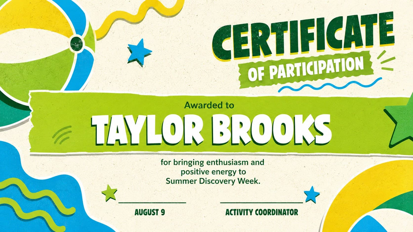 Editable summer participation certificate with bright green shapes, playful waves, and pop-art accents.