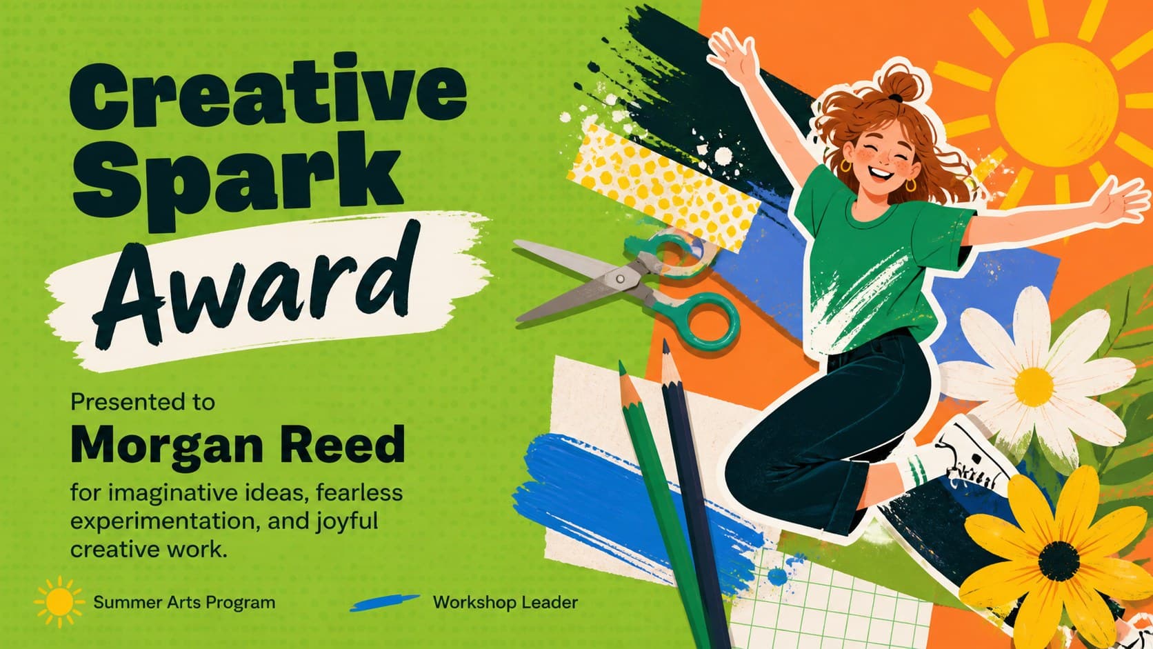 Pop art recognition certificate celebrating creativity with colorful summer craft graphics.