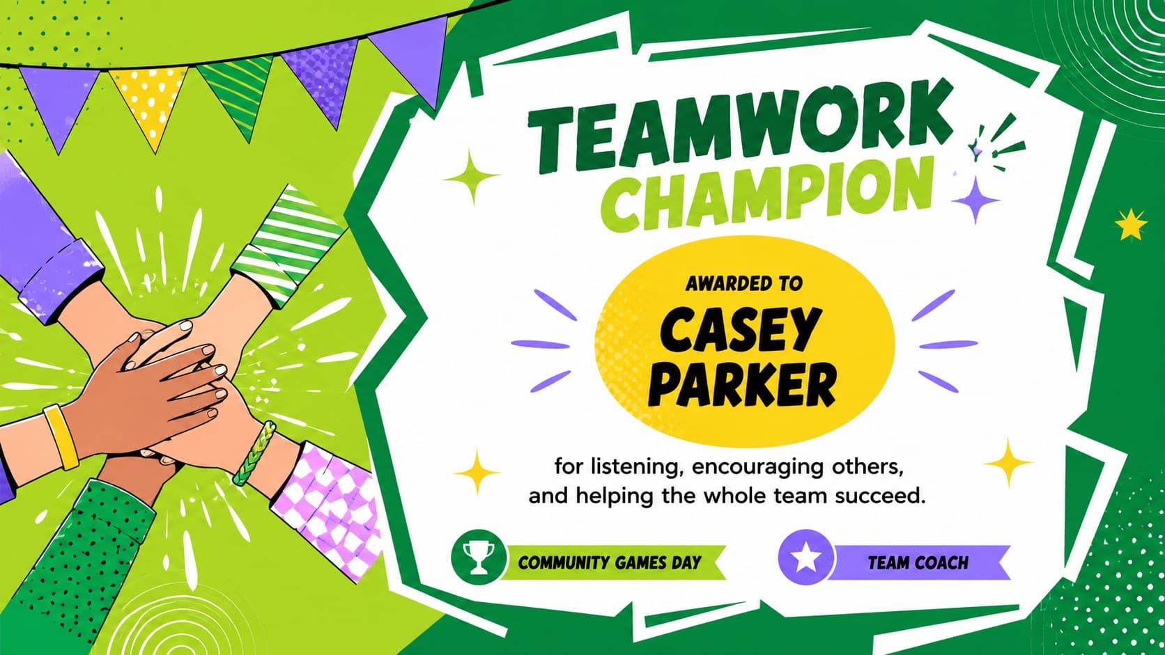 Neon teamwork award certificate with linked hands, geometric shapes, and a green summer palette.
