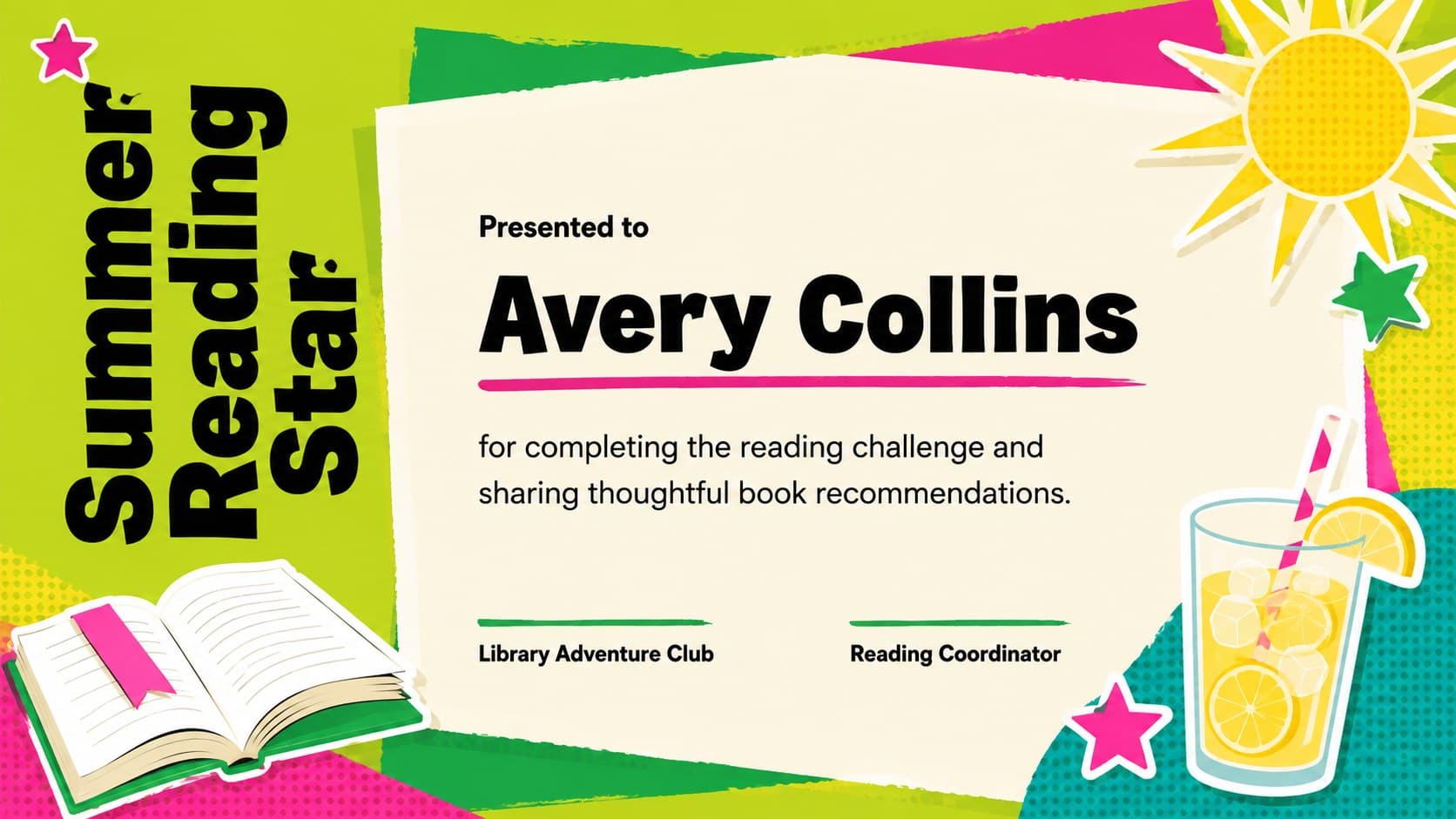 Summer reading award certificate with books, sunshine motifs, and bold green pop-art styling.