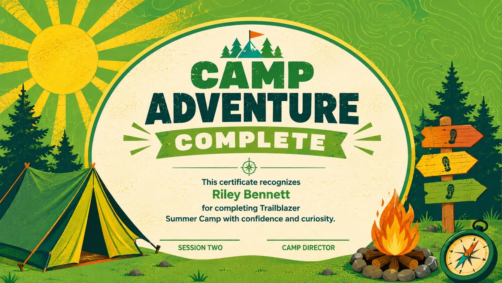 Summer camp completion certificate featuring a tent, compass, trees, and colorful neon accents.