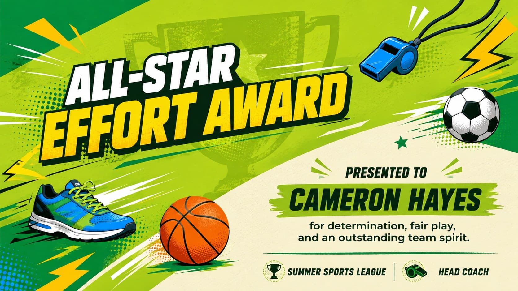 Youth sports award certificate with trophy, motion lines, and vibrant summer colors.
