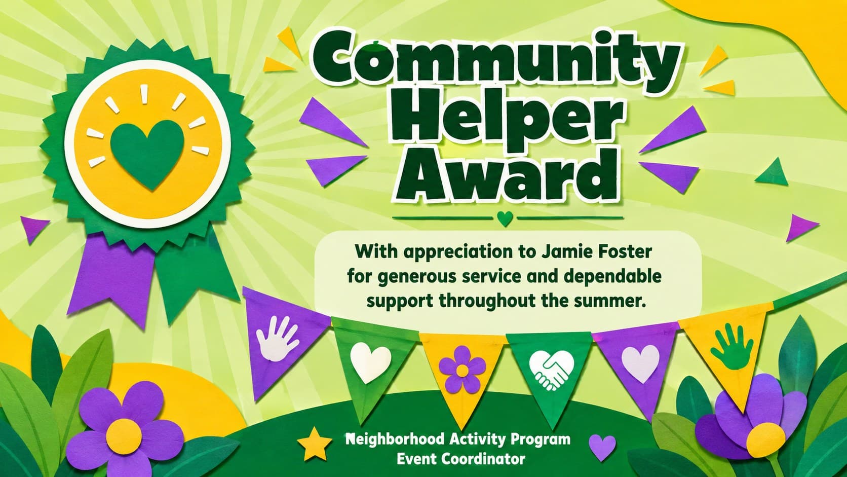 Volunteer appreciation certificate with helping-hand symbols and fresh green celebration graphics.