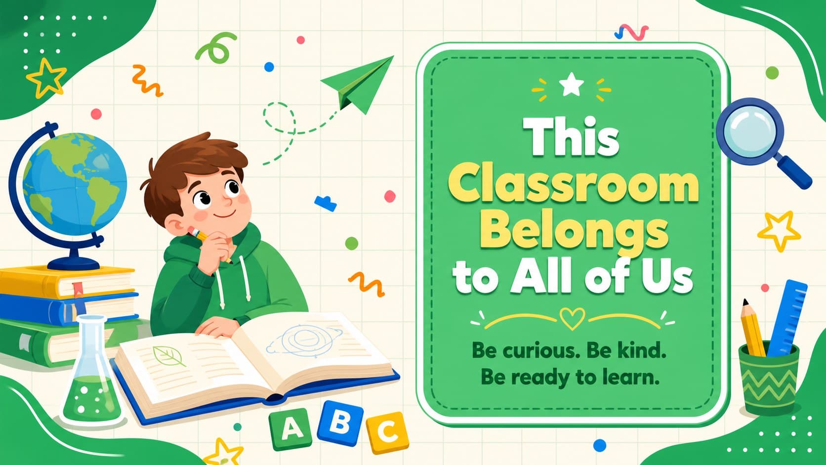 Editable classroom entrance poster with a green neon inclusion message and colorful learning icons.
