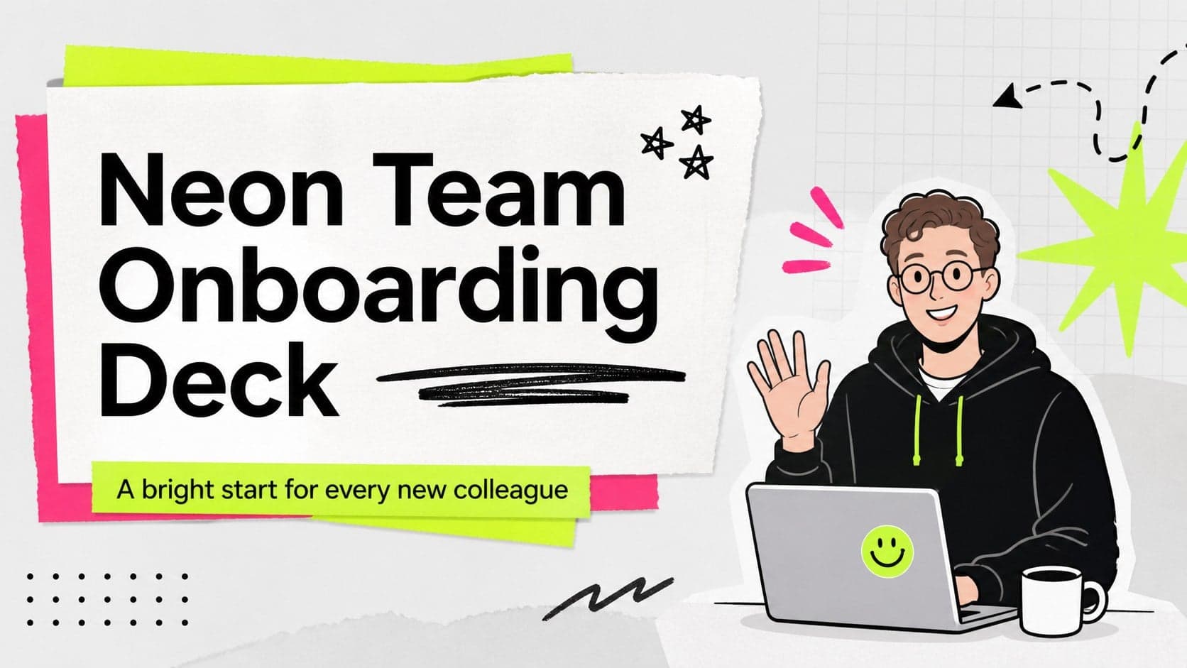 Cover slide for a neon team onboarding deck with a gray scrapbook background and bright welcome graphics.
