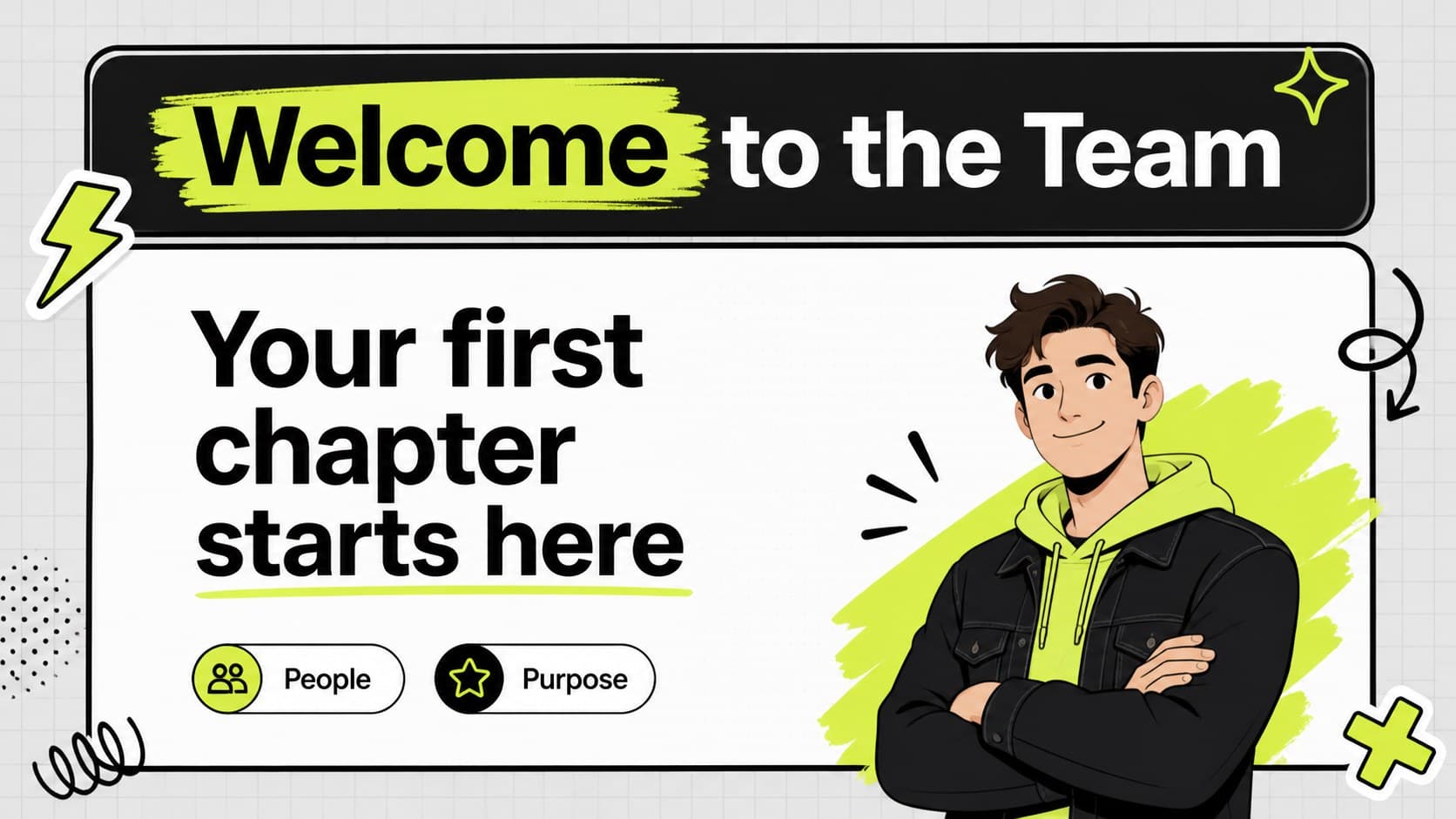 Welcome message slide introducing a new employee orientation with neon scrapbook accents.