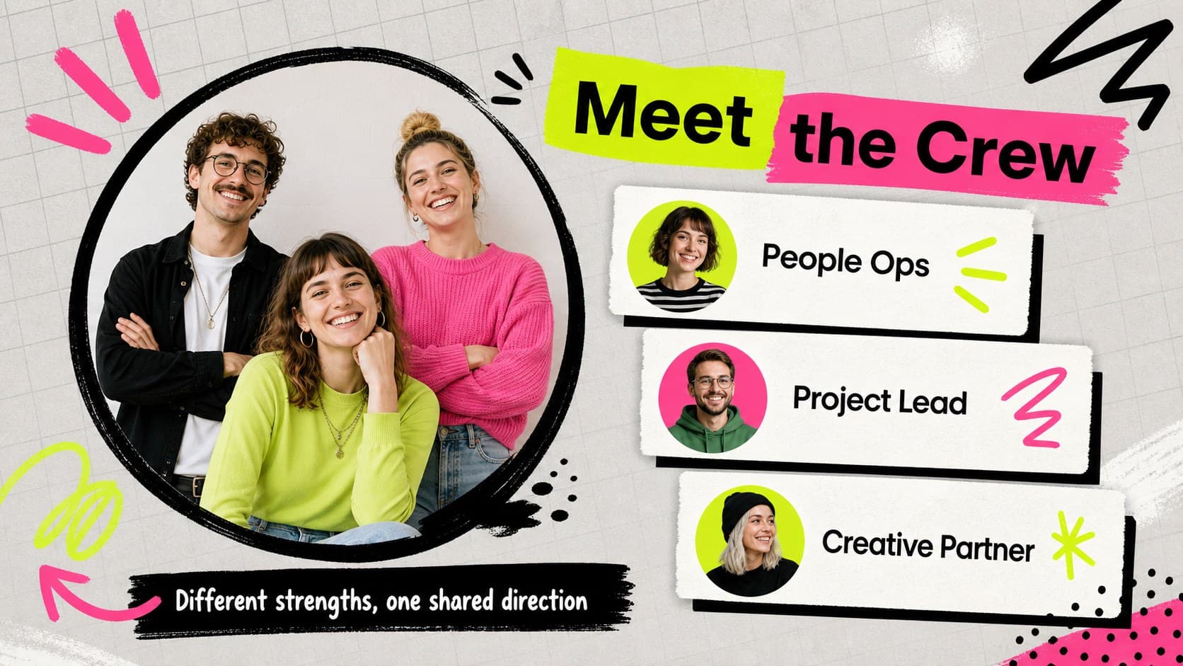 Team snapshot slide showing roles and playful visual identifiers for workplace onboarding.