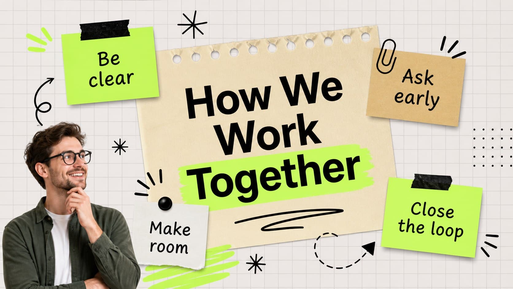 Working agreements slide with colorful rules for a friendly team orientation meeting.