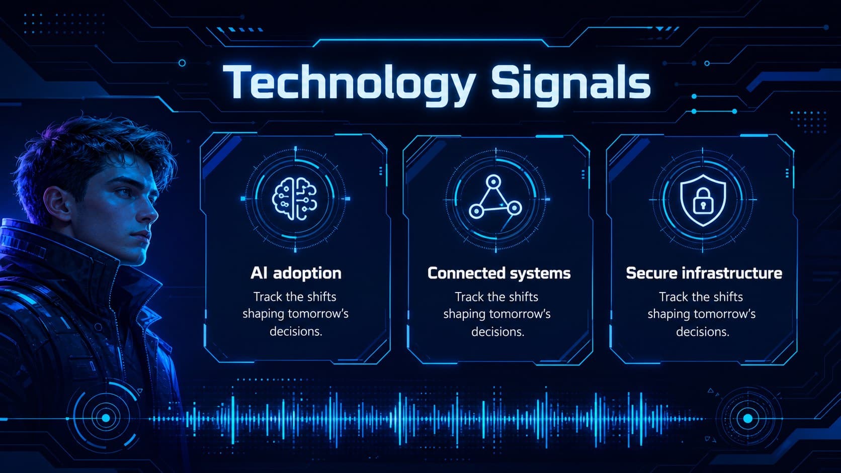 Technology trend presentation template slide organizing key signals with neon blue icons and concise data points.