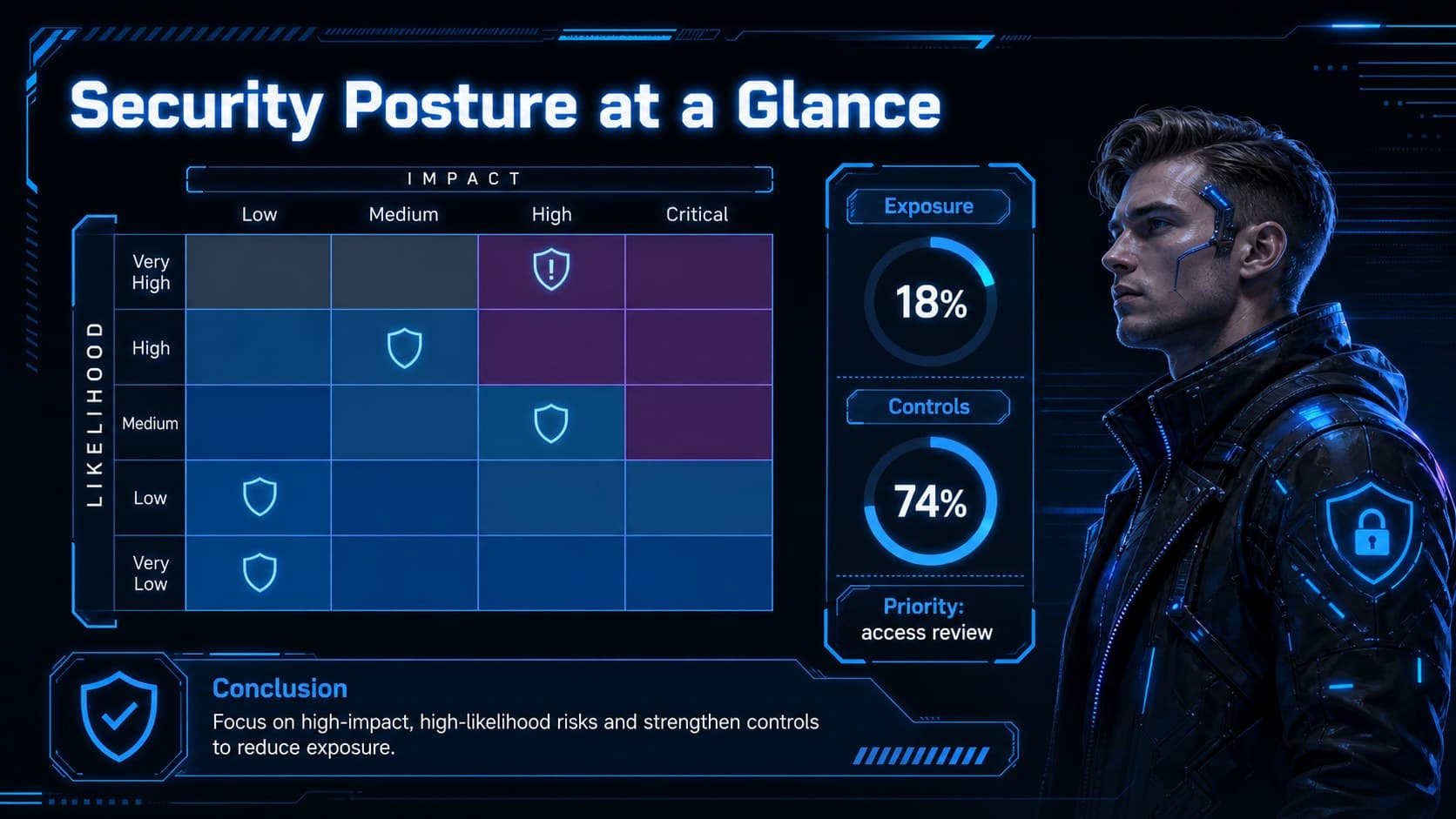Cybersecurity report slides layout showing a blue risk matrix, KPI figures, and an organized security overview.