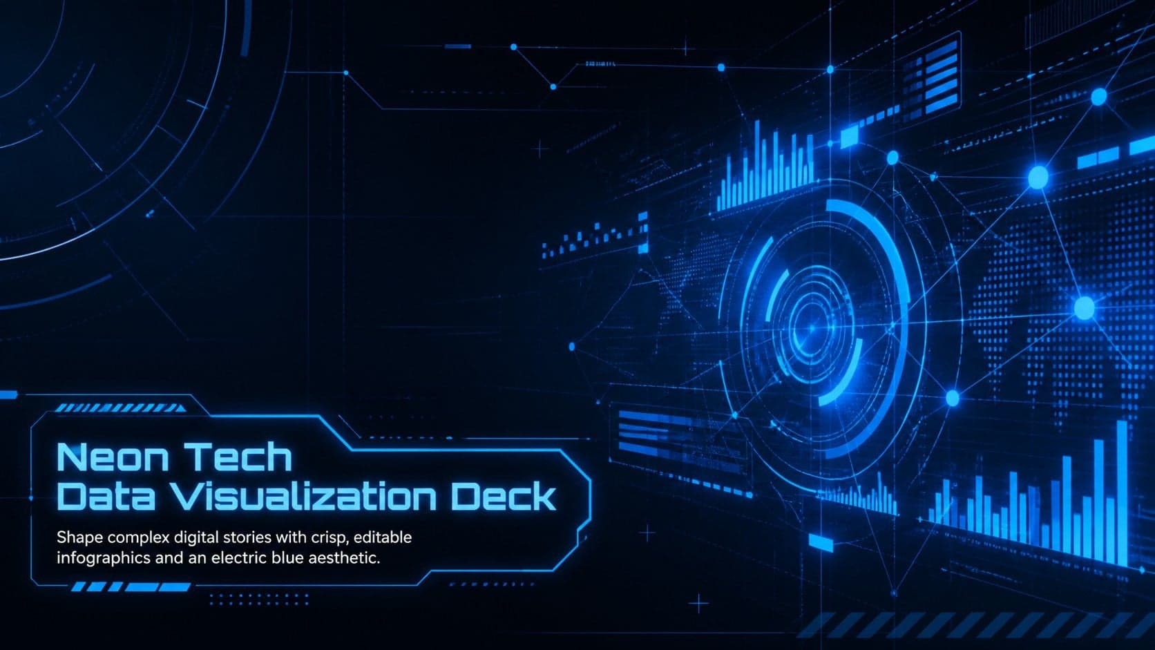 Cover of the Neon Tech Data Visualization Deck with electric blue interface graphics and futuristic data accents.