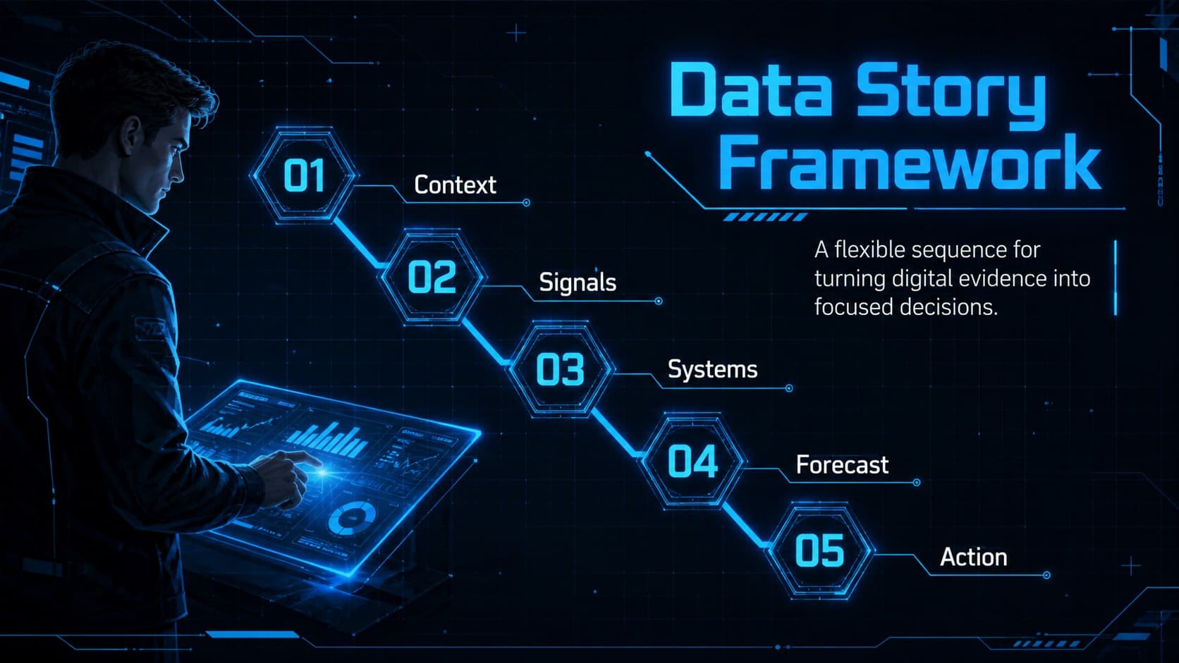 Neon data visualization template agenda with five sections arranged along a glowing digital pathway.