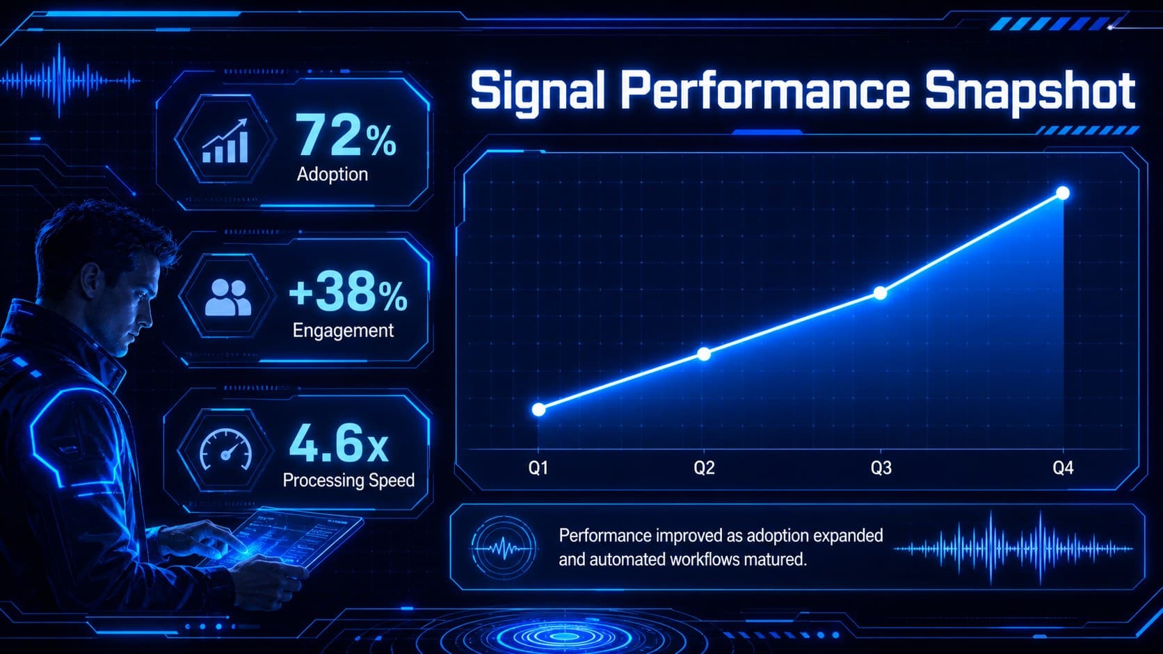 Electric blue analytics slide deck page with three key performance indicators and a trend chart.