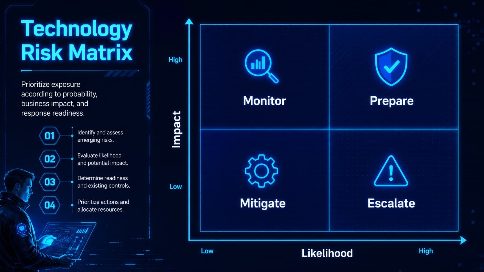 Neon blue risk matrix evaluating impact and likelihood for a digital innovation report.