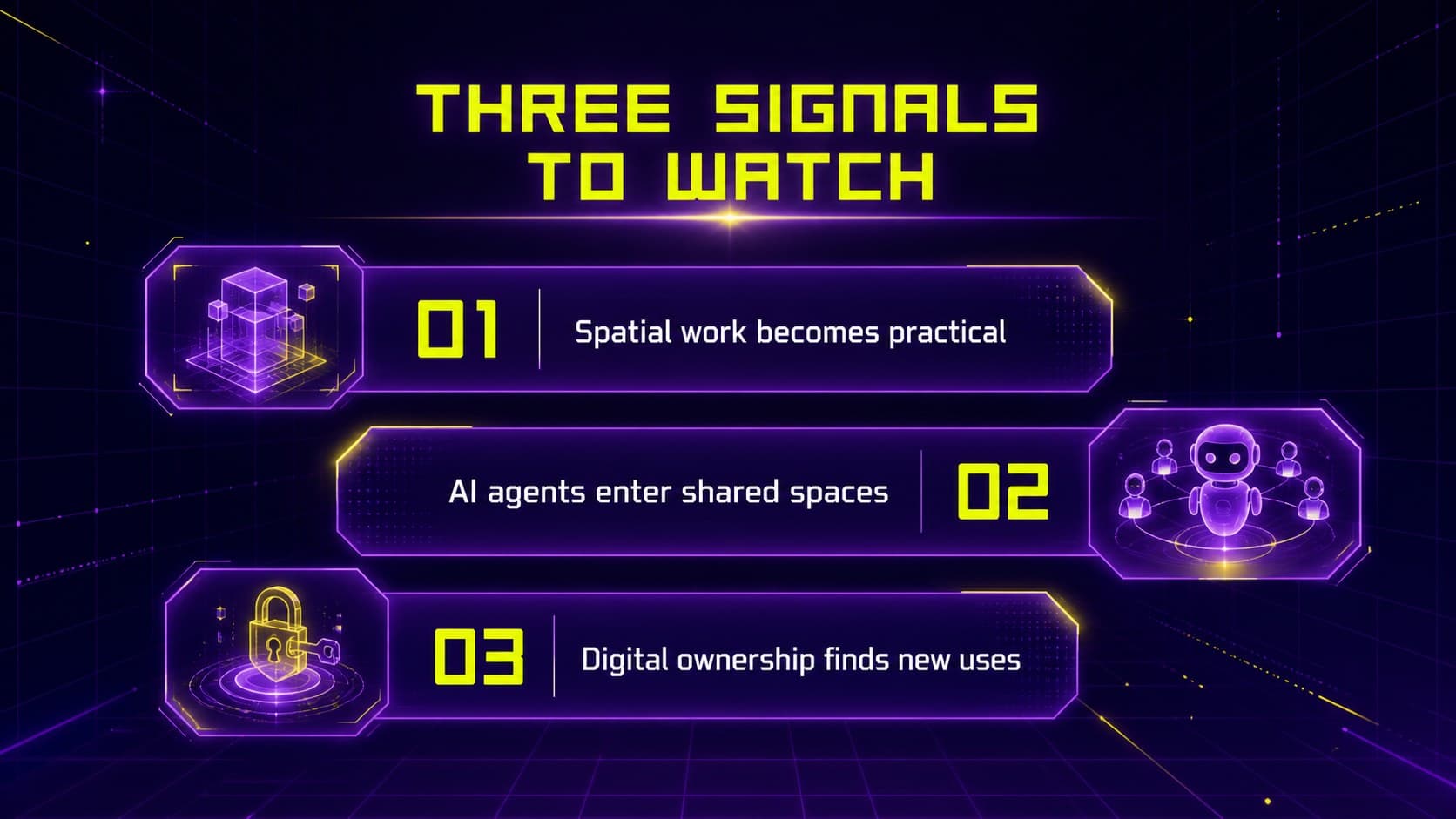 Metaverse industry update slide presenting three key signals in a neon dashboard.