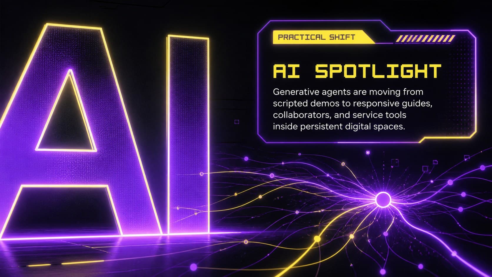 AI and metaverse news presentation slide featuring an artificial intelligence spotlight.