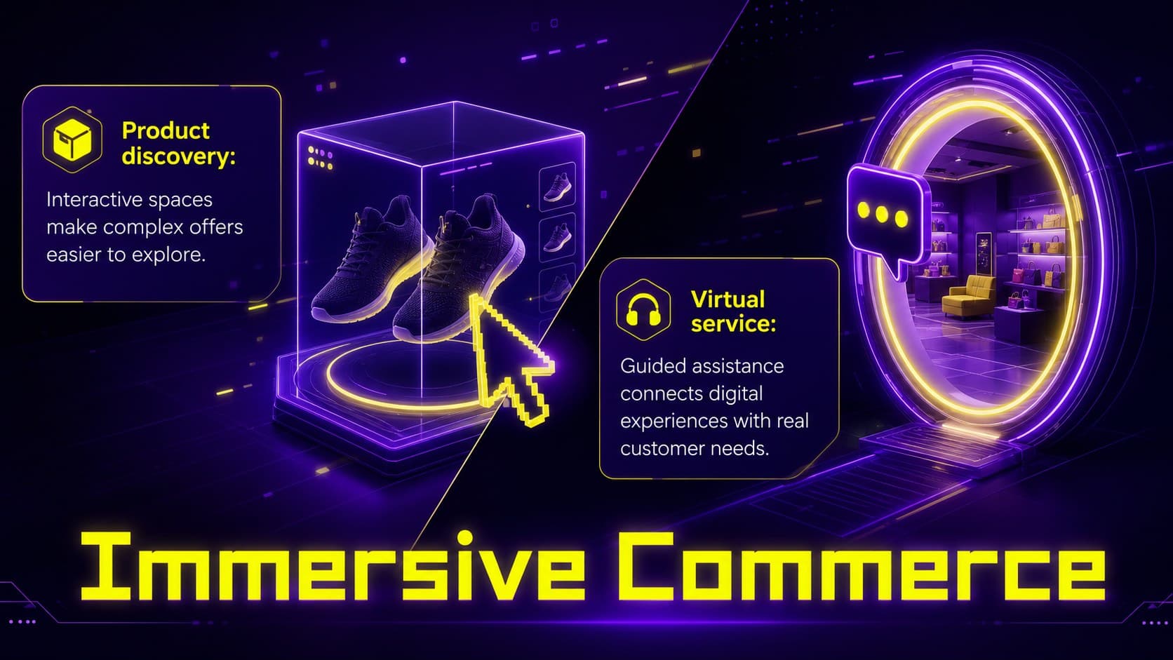 Immersive commerce update with neon product discovery and virtual service themes.