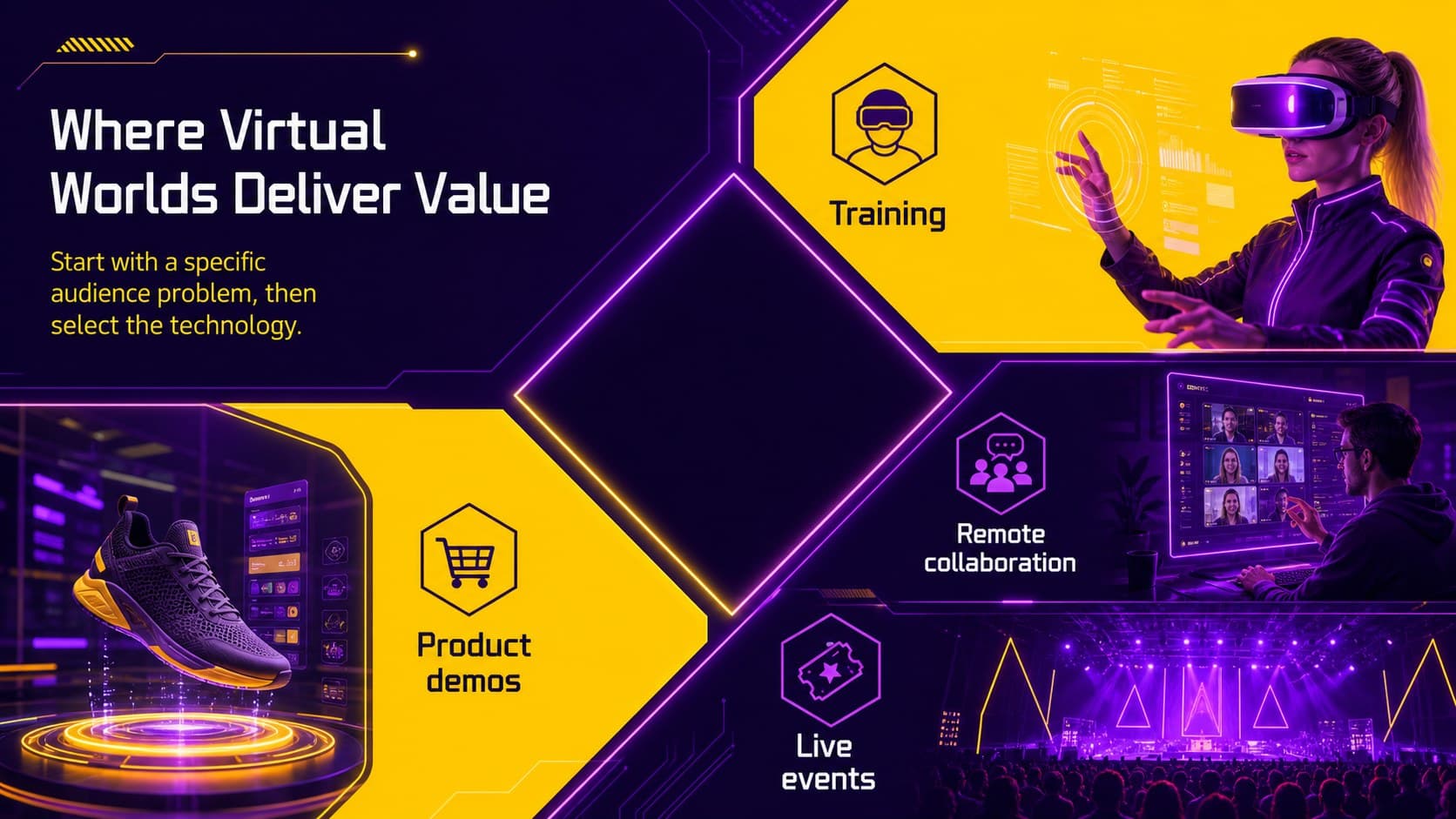 Virtual worlds newsletter template highlighting four practical industry use cases.