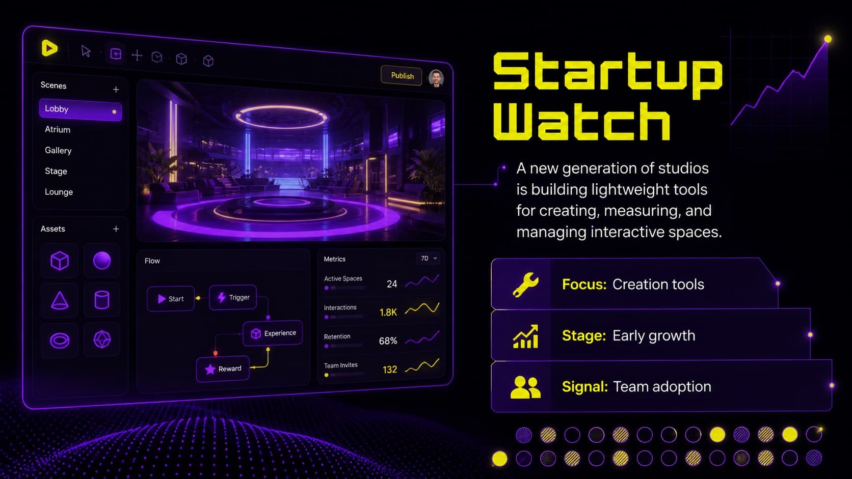Web3 newsletter PowerPoint template slide featuring a startup watch editorial layout.