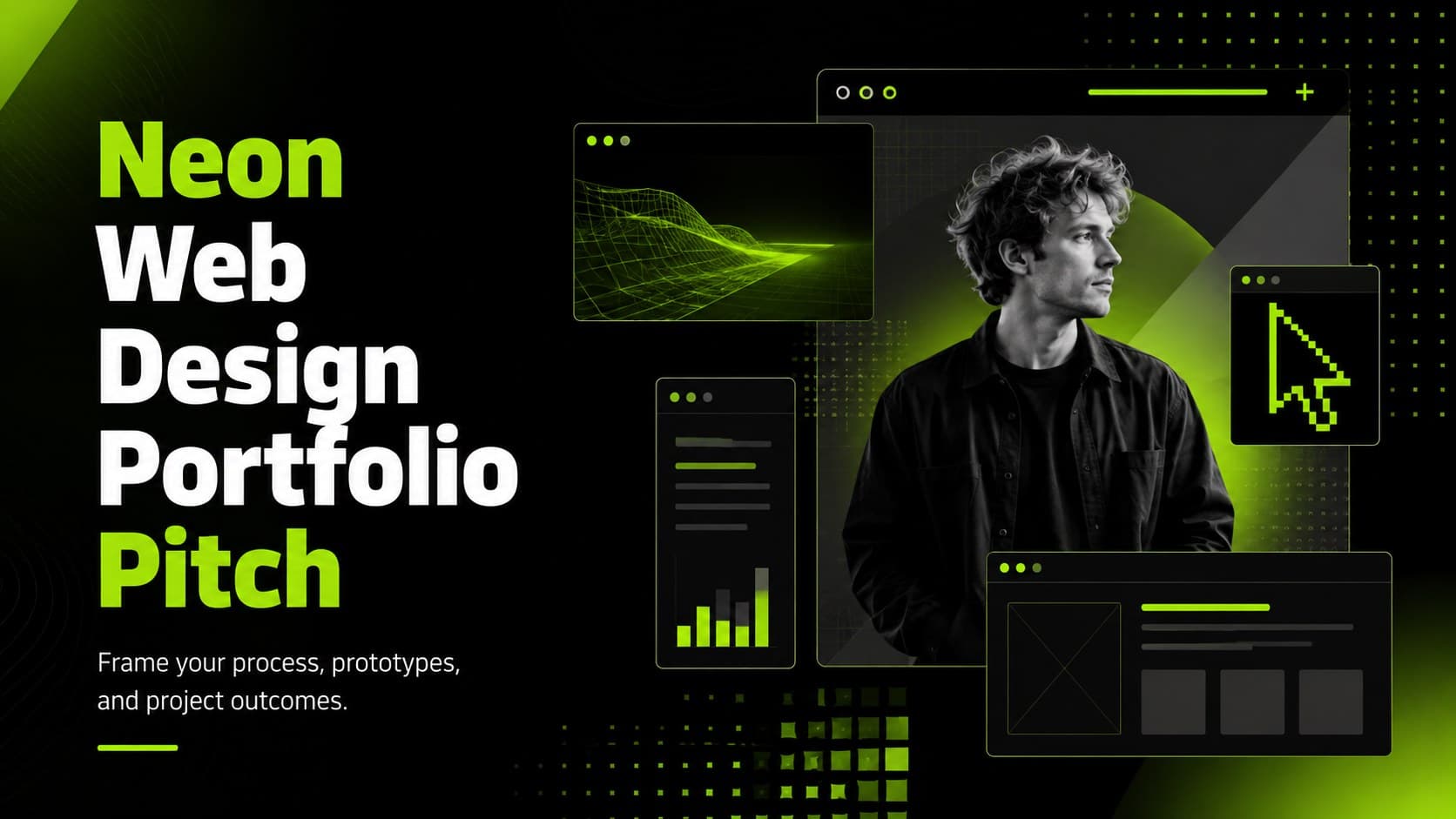 Cover of a neon web design portfolio pitch with bold green typography on a sleek black digital background.