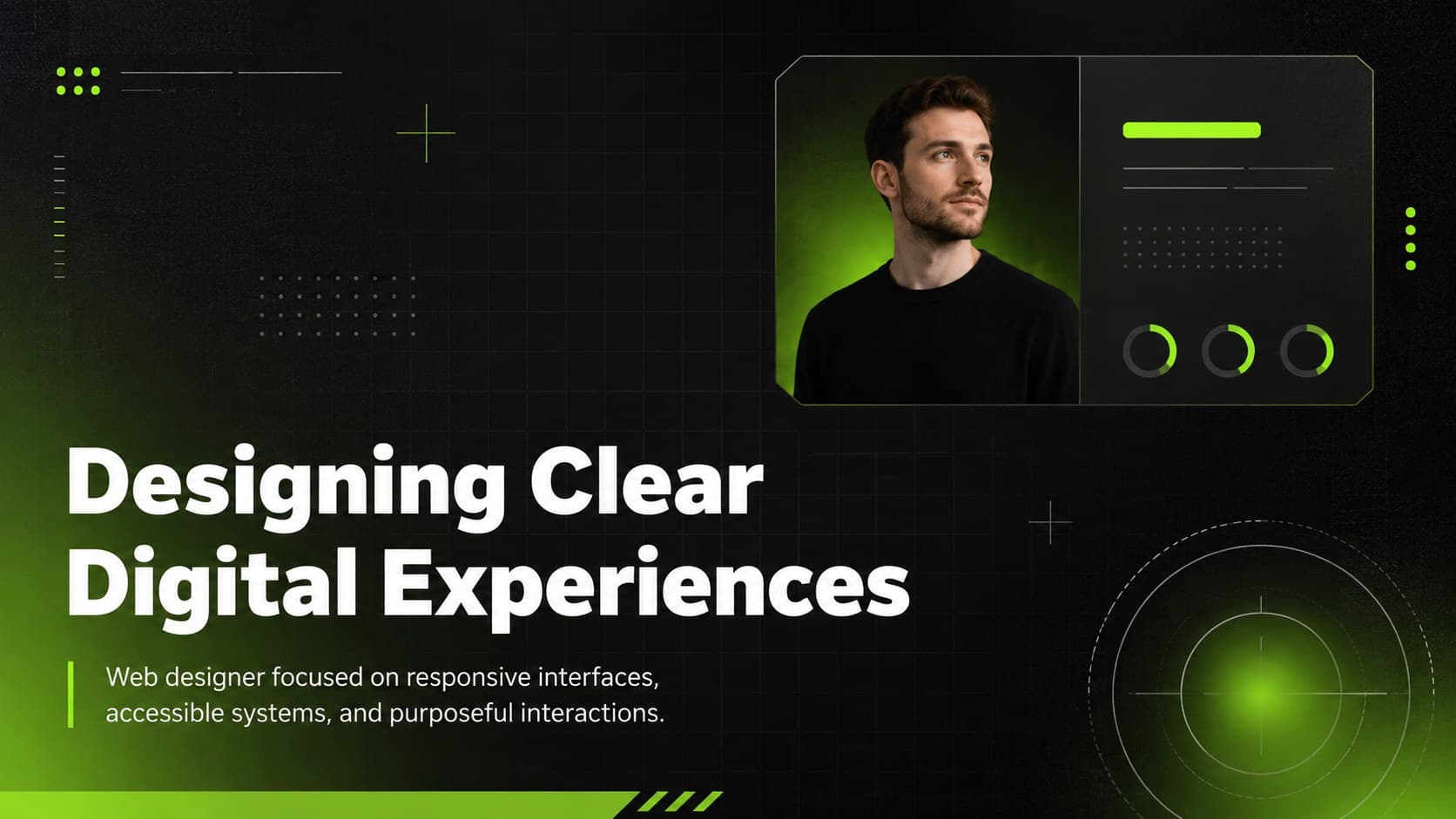 Web designer introduction slide featuring a concise profile, specialties, and neon interface graphics.