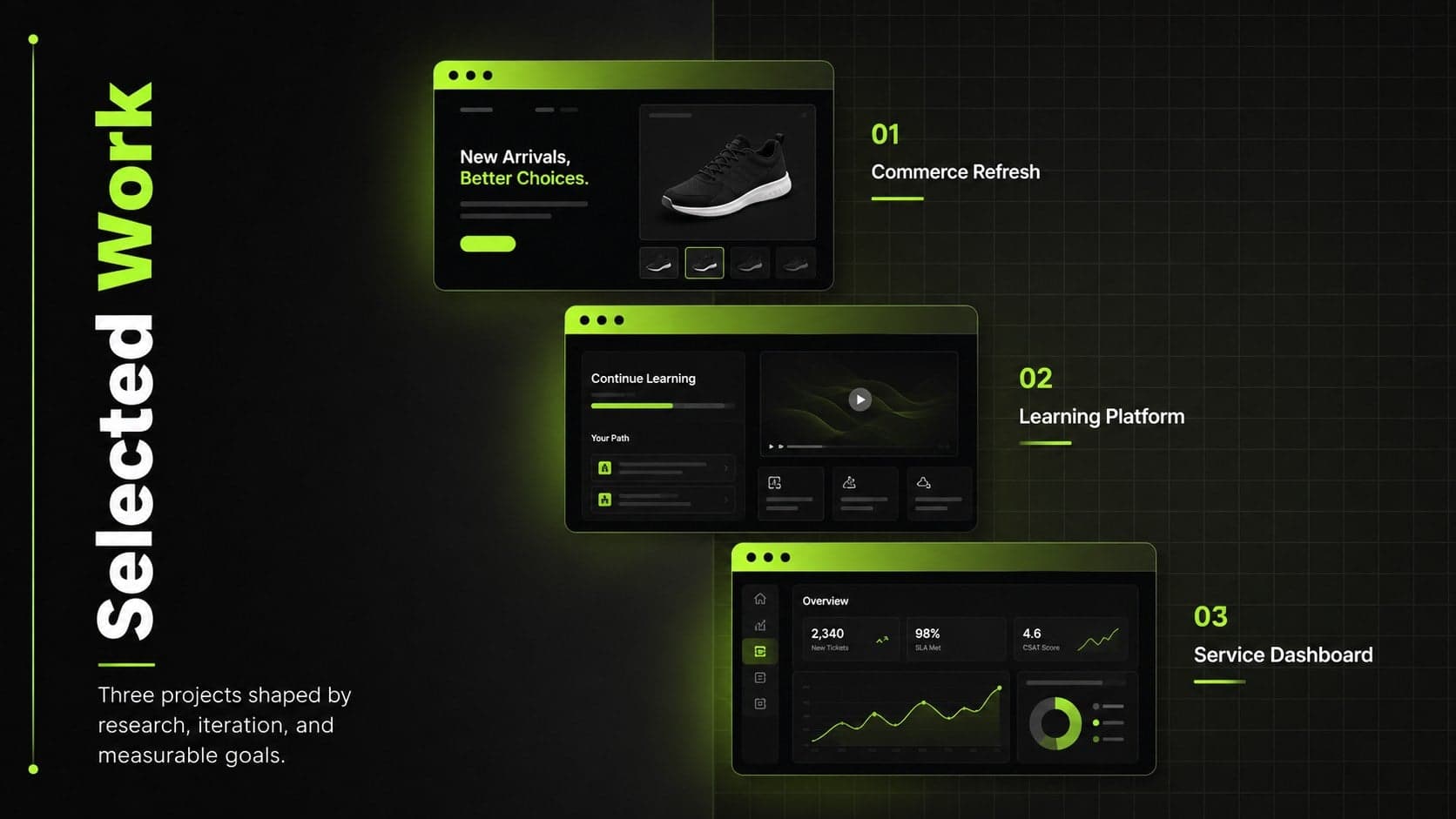 Selected web design projects slide with three neon-framed thumbnails for portfolio case studies.