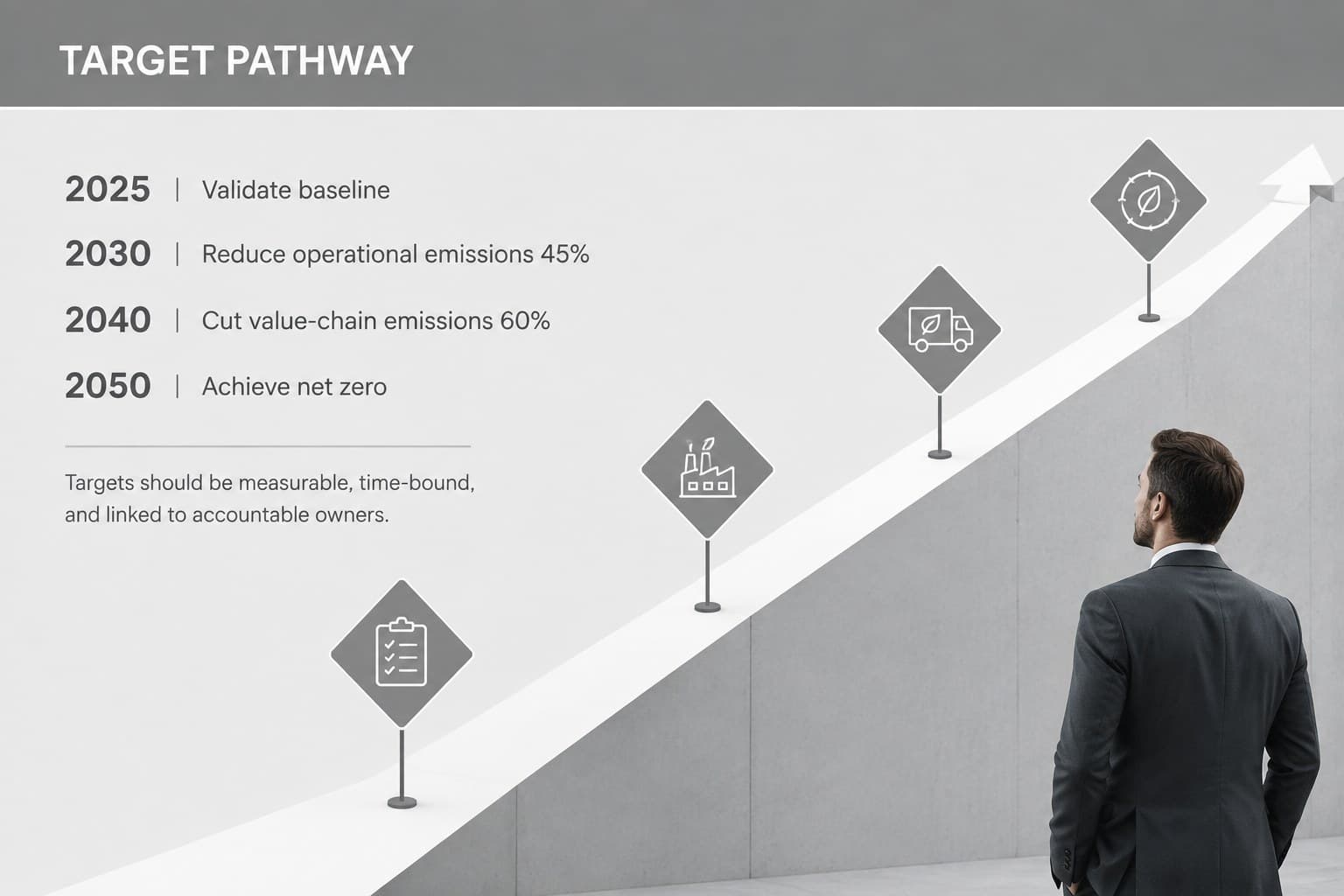 Corporate decarbonization strategy deck slide outlining a target pathway toward net zero.