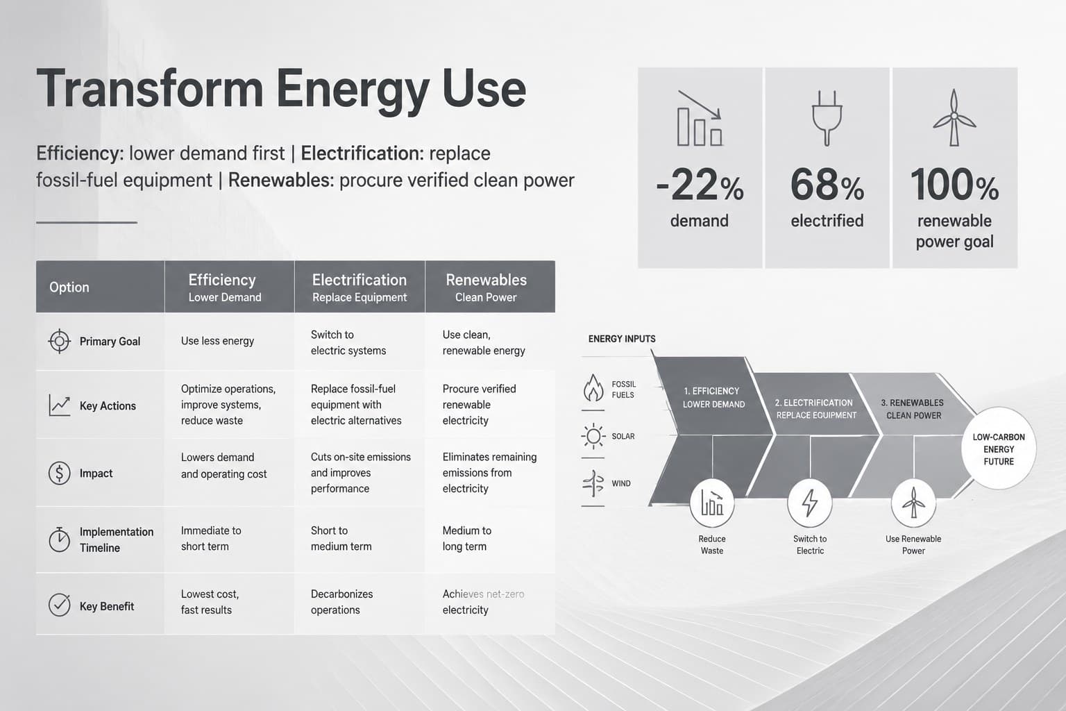 Clean energy transition slide comparing efficiency, electrification, and renewable procurement options.