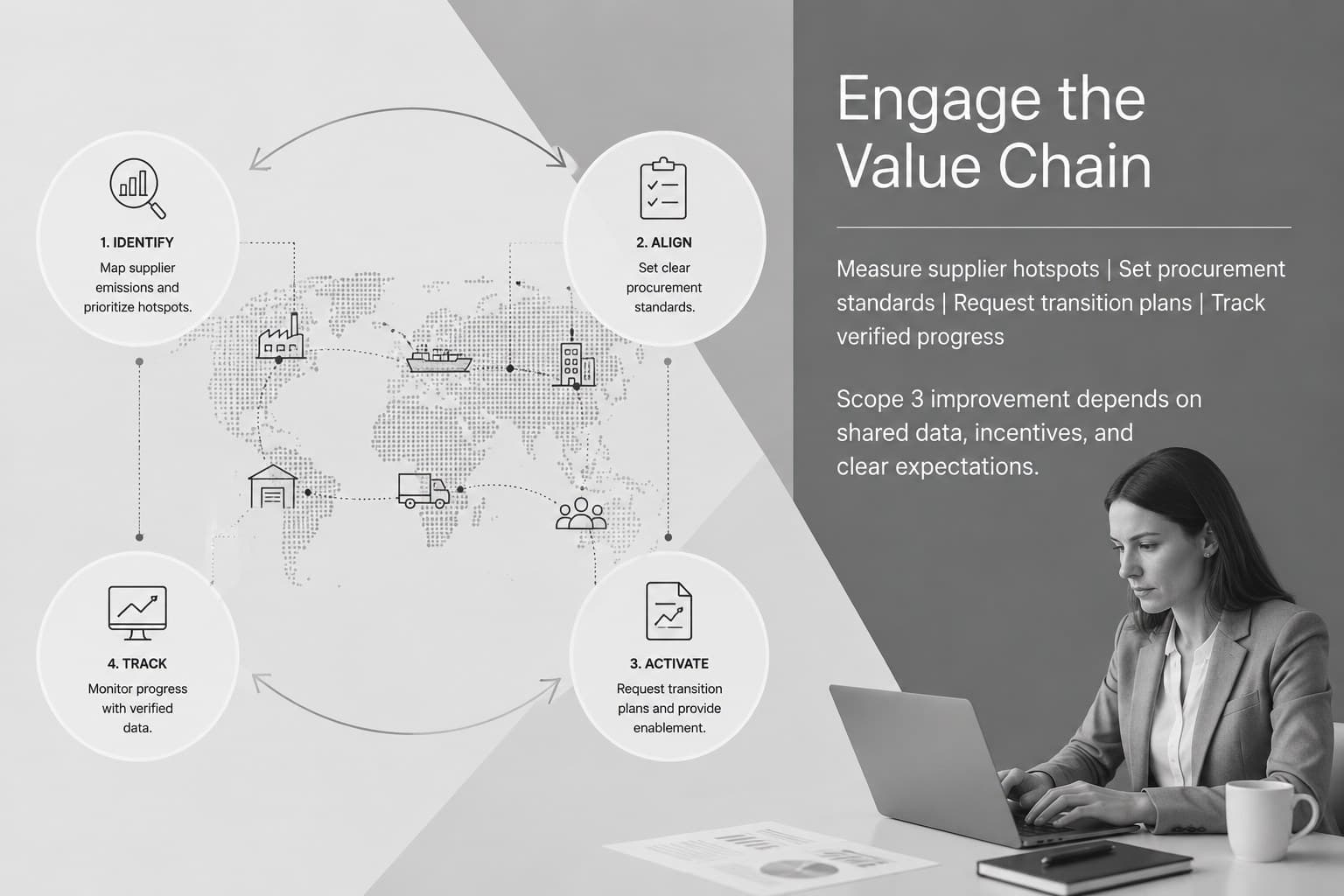 Scope 3 supplier engagement slide mapping value-chain partners and emissions reduction actions.